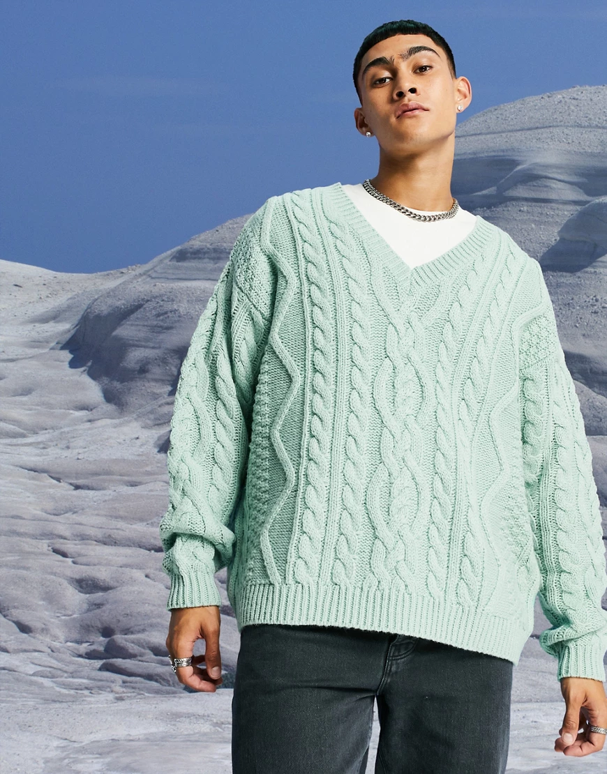 ASOS DESIGN – Schwerer Oversize-Strickpullover in Minzgrün mit Zopfmuster u günstig online kaufen