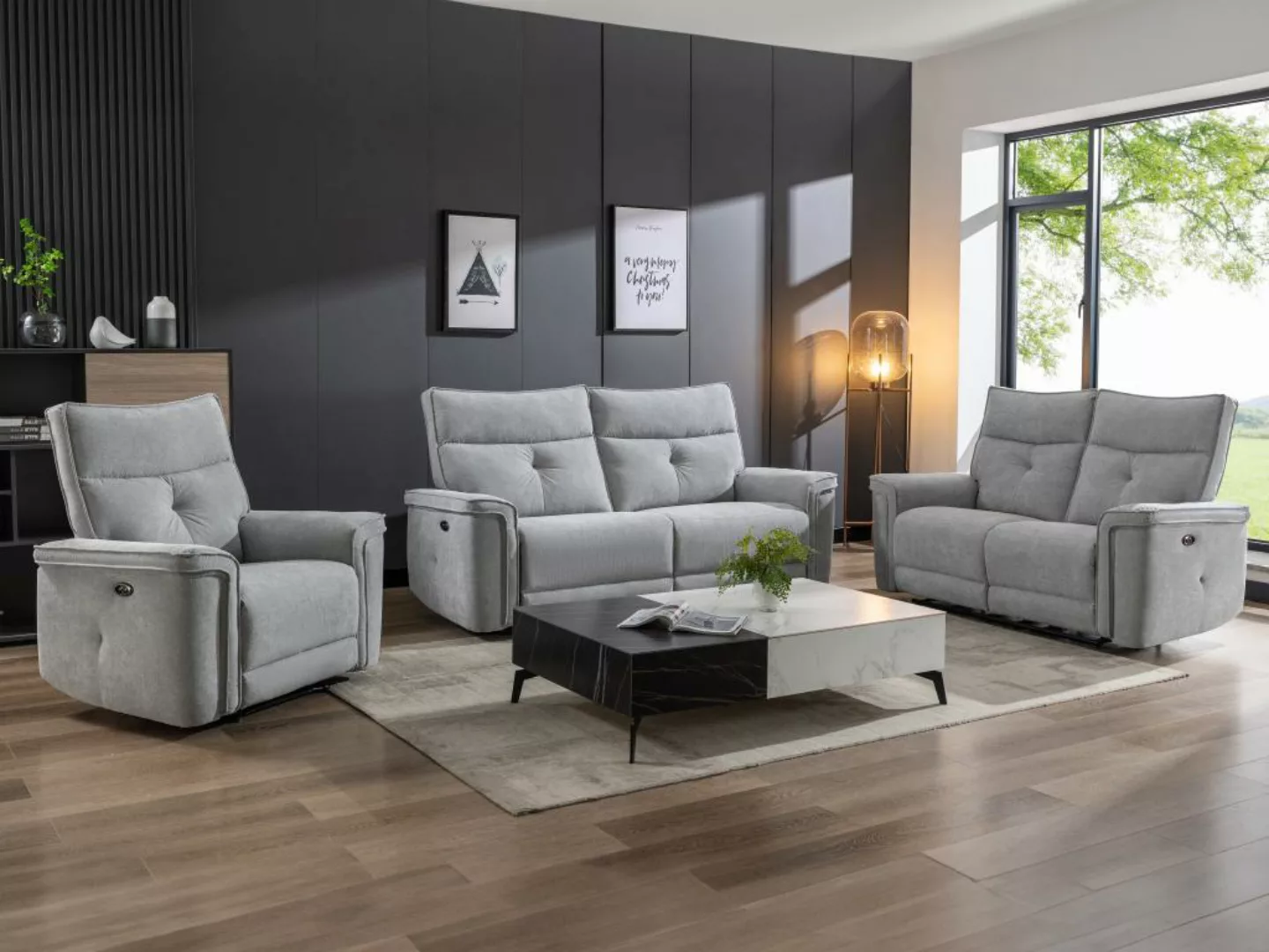 Sofa 3-Sitzer, 2-Sitzer & Relaxsessel elektrisch - Stoff - Grau - BENJAMIN günstig online kaufen