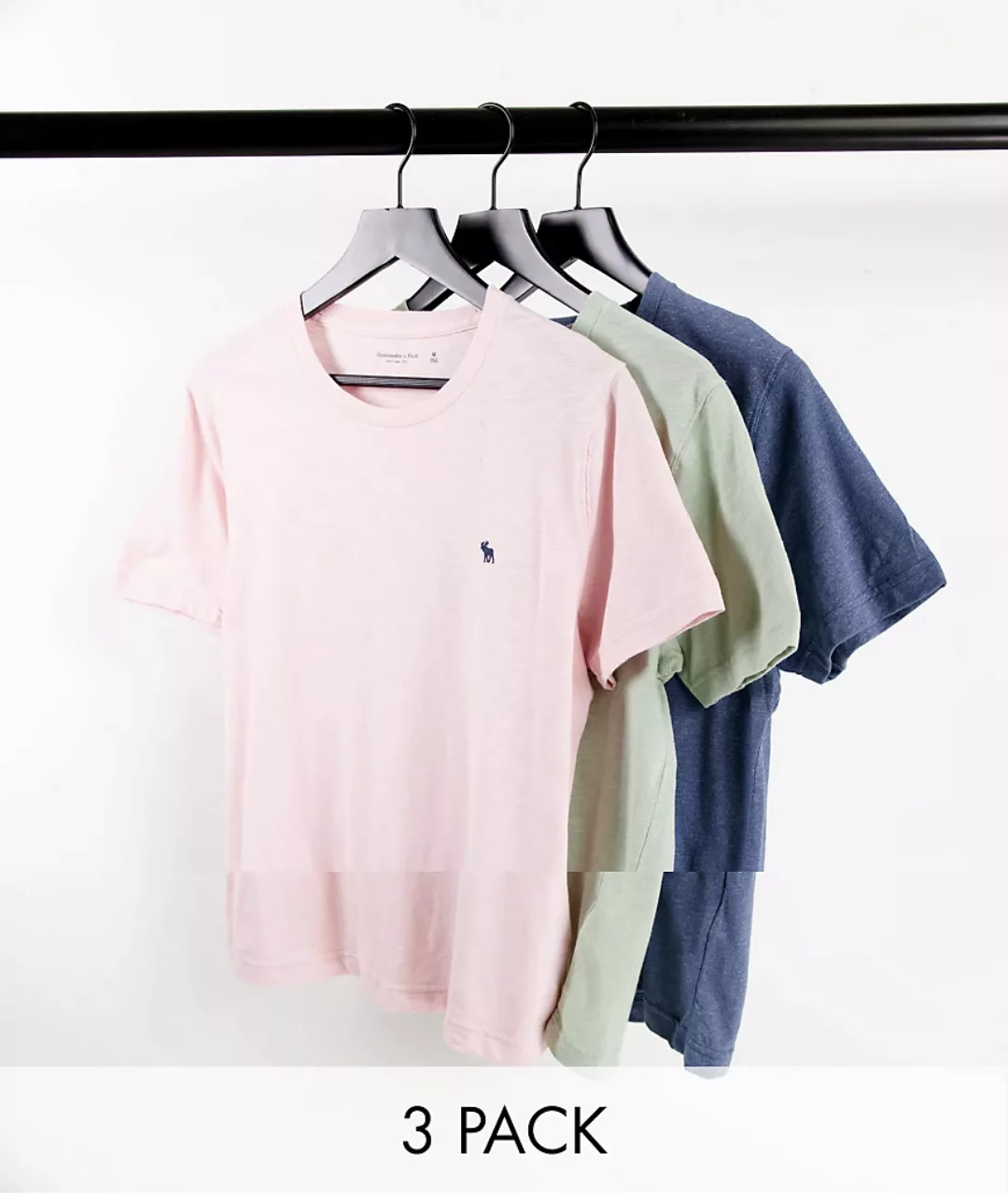 Abercrombie & Fitch – T-Shirts im 3er-Pack in Rosa/Grün/Blau mit Markenlogo günstig online kaufen