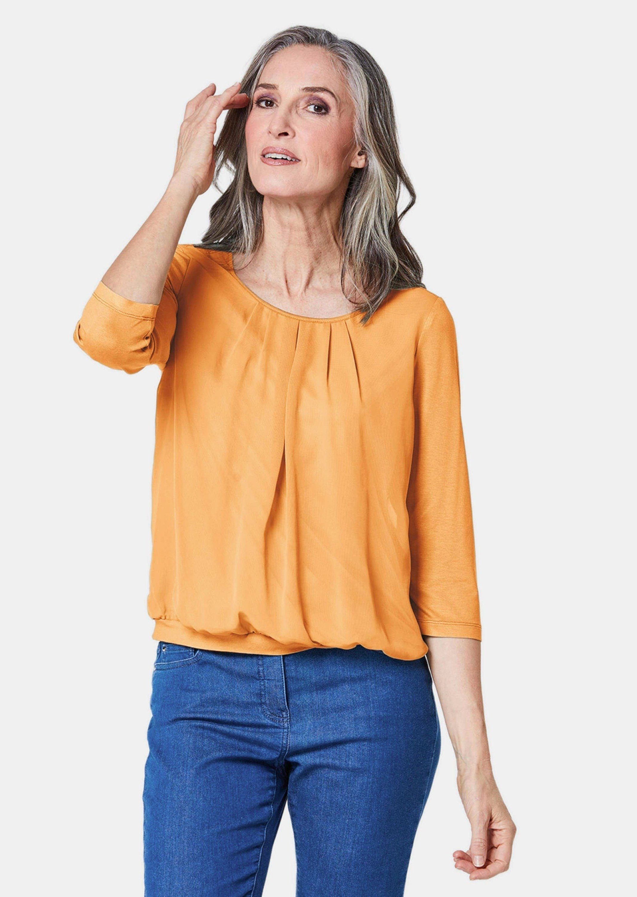 GOLDNER Kurzarmbluse Kurzgröße: Chiffon-Shirt gelb, Rundhals günstig online kaufen