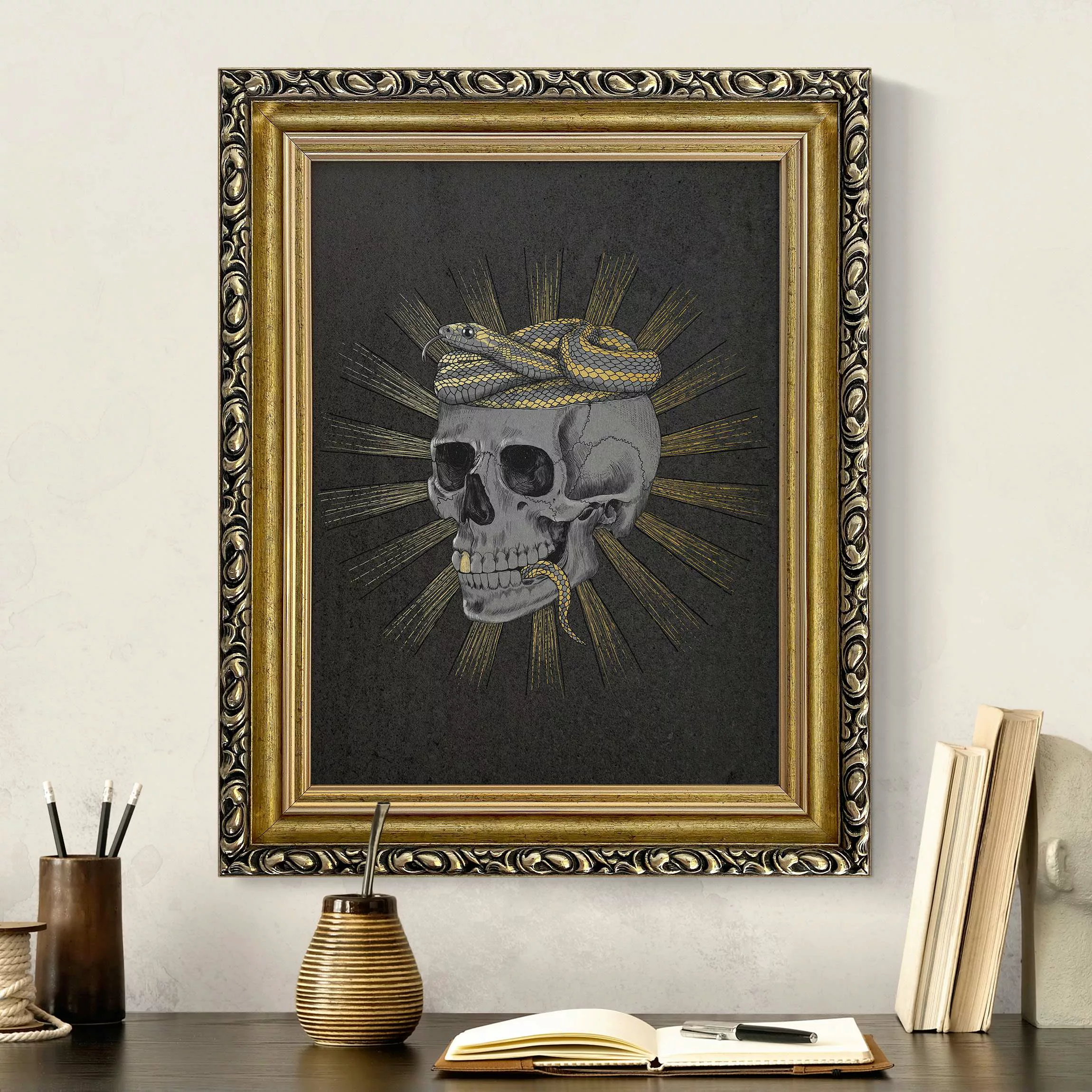 Gerahmtes Leinwandbild Illustration Totenkopf und Schlange Schwarz Gold günstig online kaufen