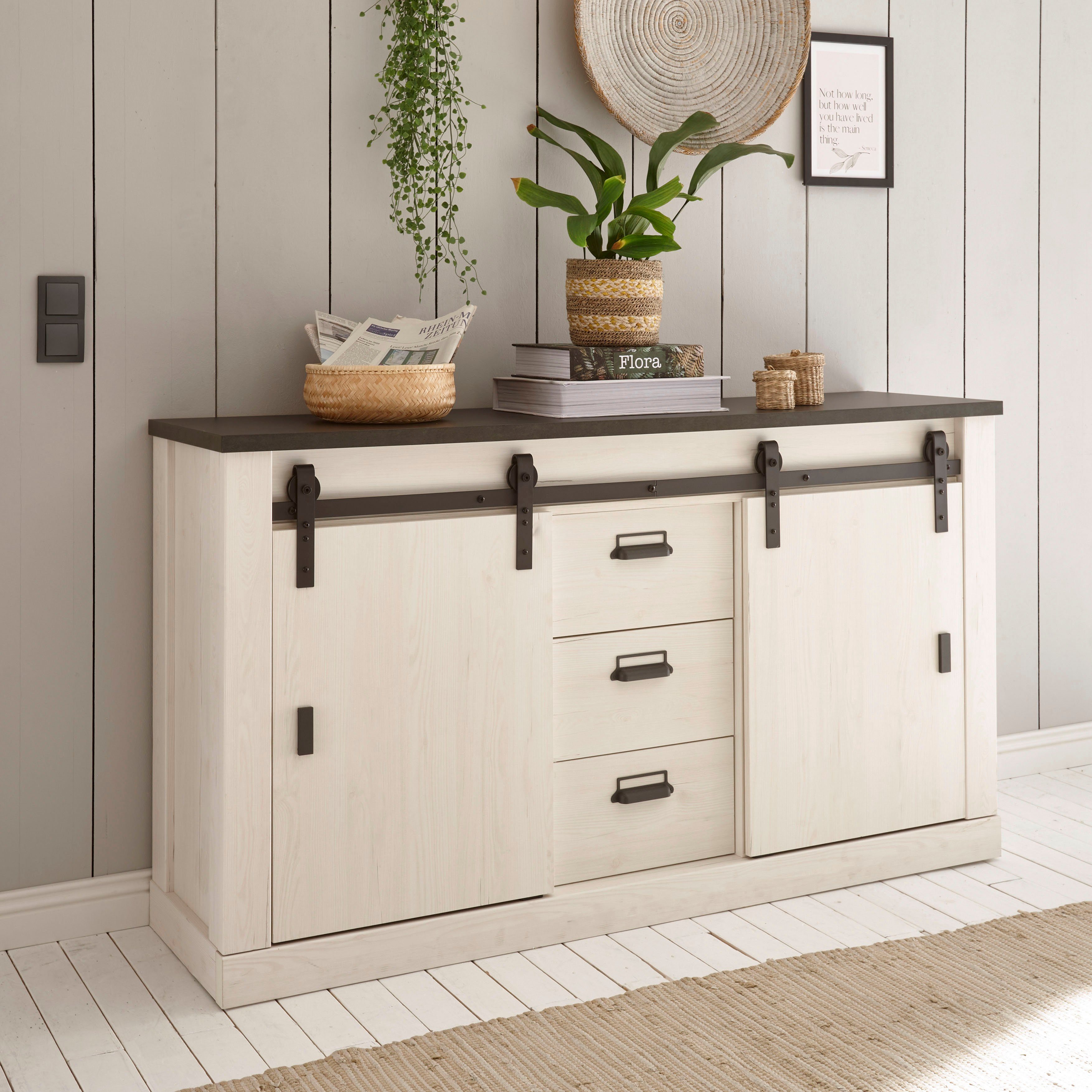 Home affaire Sideboard "SHERWOOD", Holz Dekor, mit Scheunentorbeschlag und günstig online kaufen