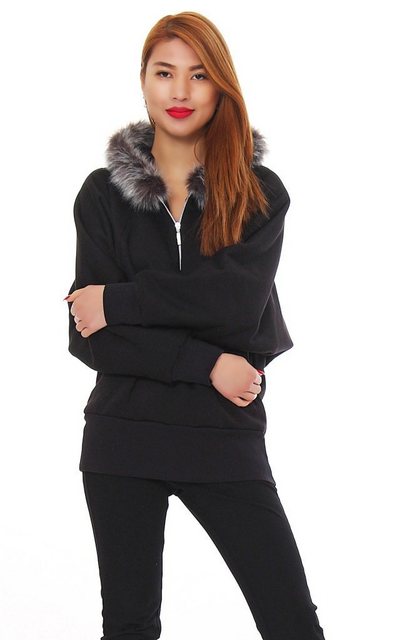 Mississhop Kapuzenfleecejacke Sweatshirt Sweatjacke mit Kunstpelz 3/4 armla günstig online kaufen