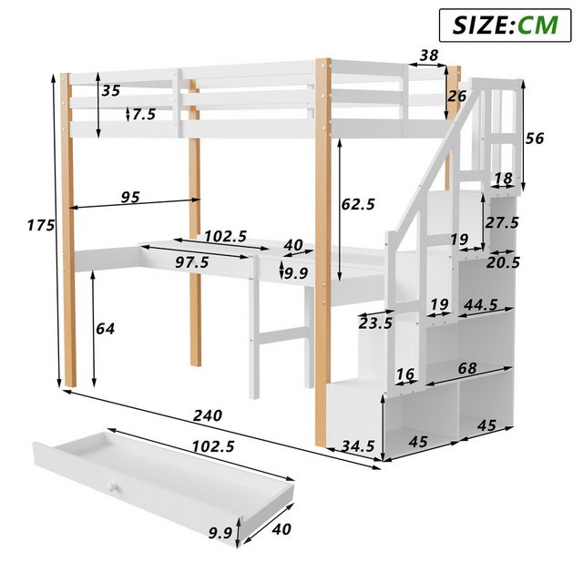 FUROKOY Hochbett mit Schreibtisch, Stauraumtreppe und Regale 90x200cm Kinde günstig online kaufen