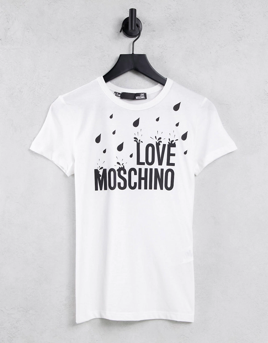 Love Moschino – T-Shirt in Weiß mit Regentropfen-Logo günstig online kaufen
