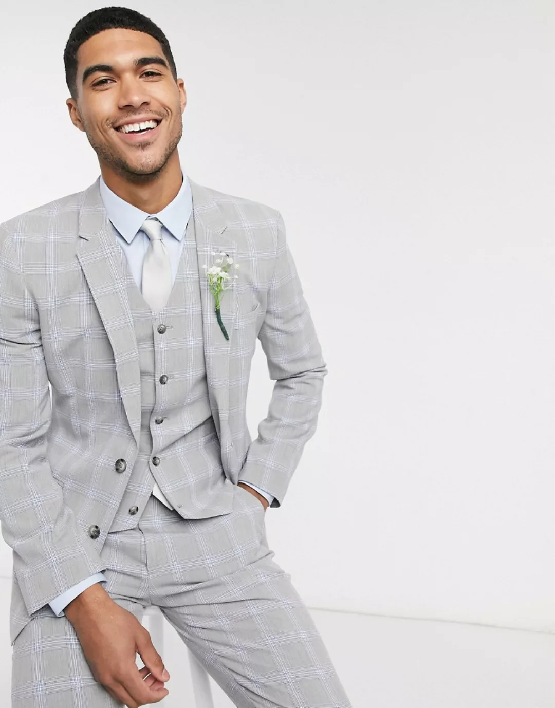 ASOS DESIGN Wedding – Enge Anzugjacke in Blau und Grau mit Karomuster günstig online kaufen