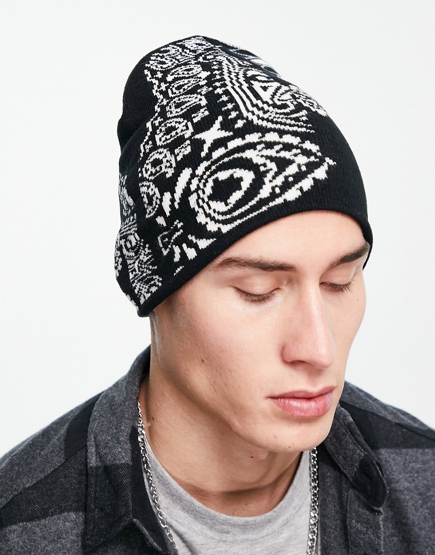 ASOS DESIGN – Eng anliegende Strickmütze mit Bandana-Design in Schwarz günstig online kaufen