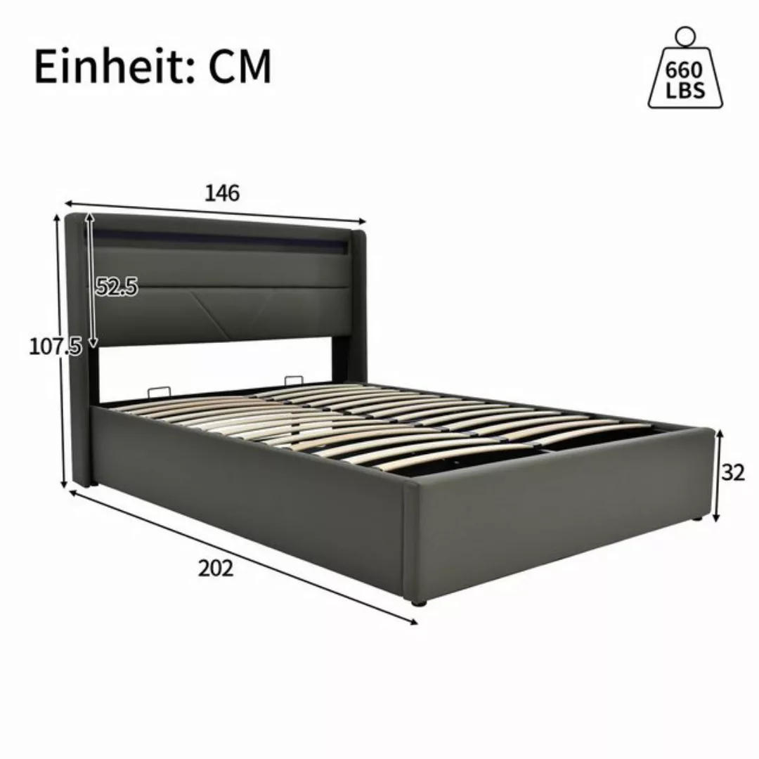 BlingBin Polsterbett Stauraumbett Doppelbett mit LED-Leuchten 140x200cm Gra günstig online kaufen