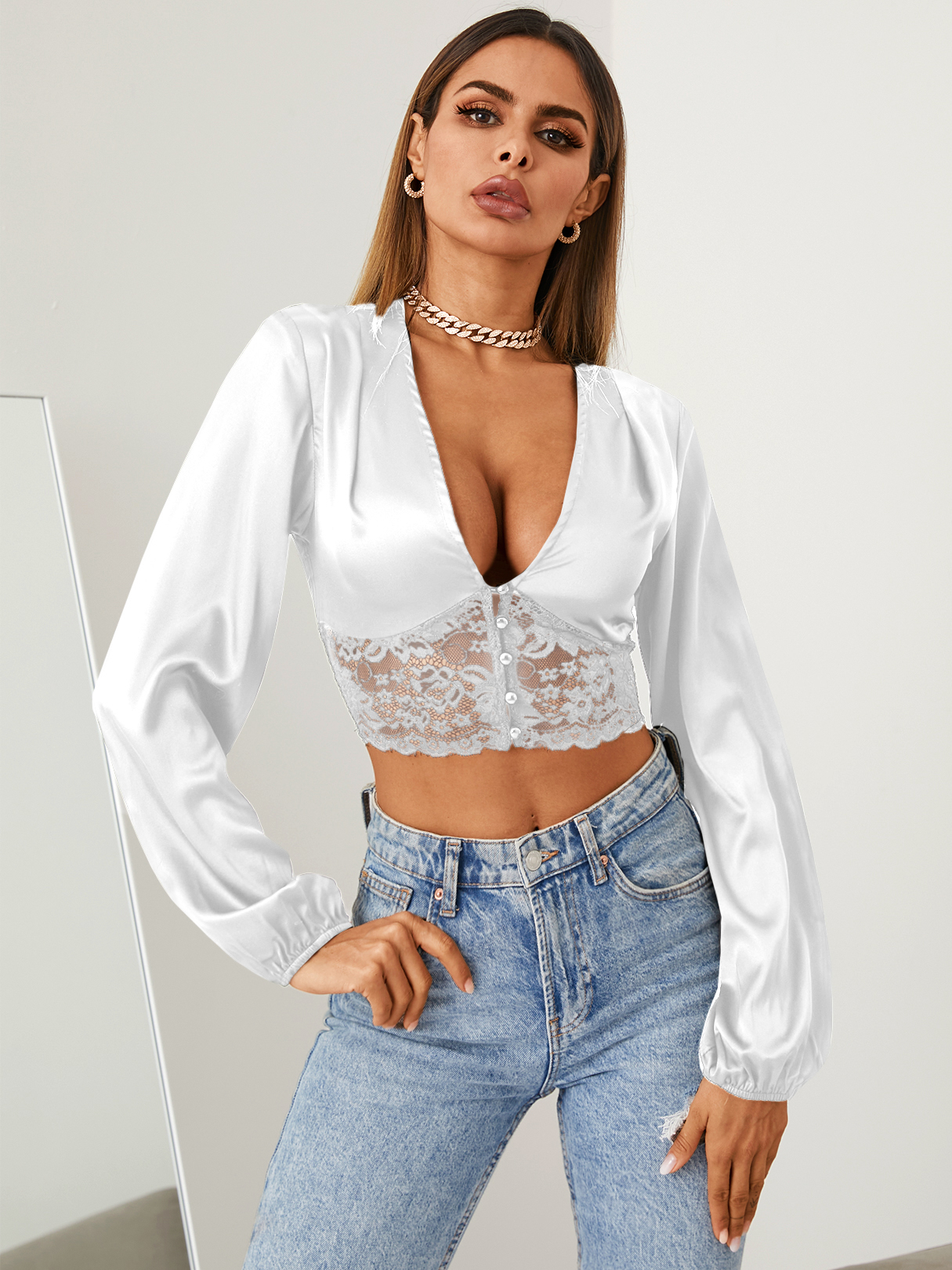 YOINS Lace Trim Button Design Tiefes V-Ausschnitt Langarm Crop Top günstig online kaufen