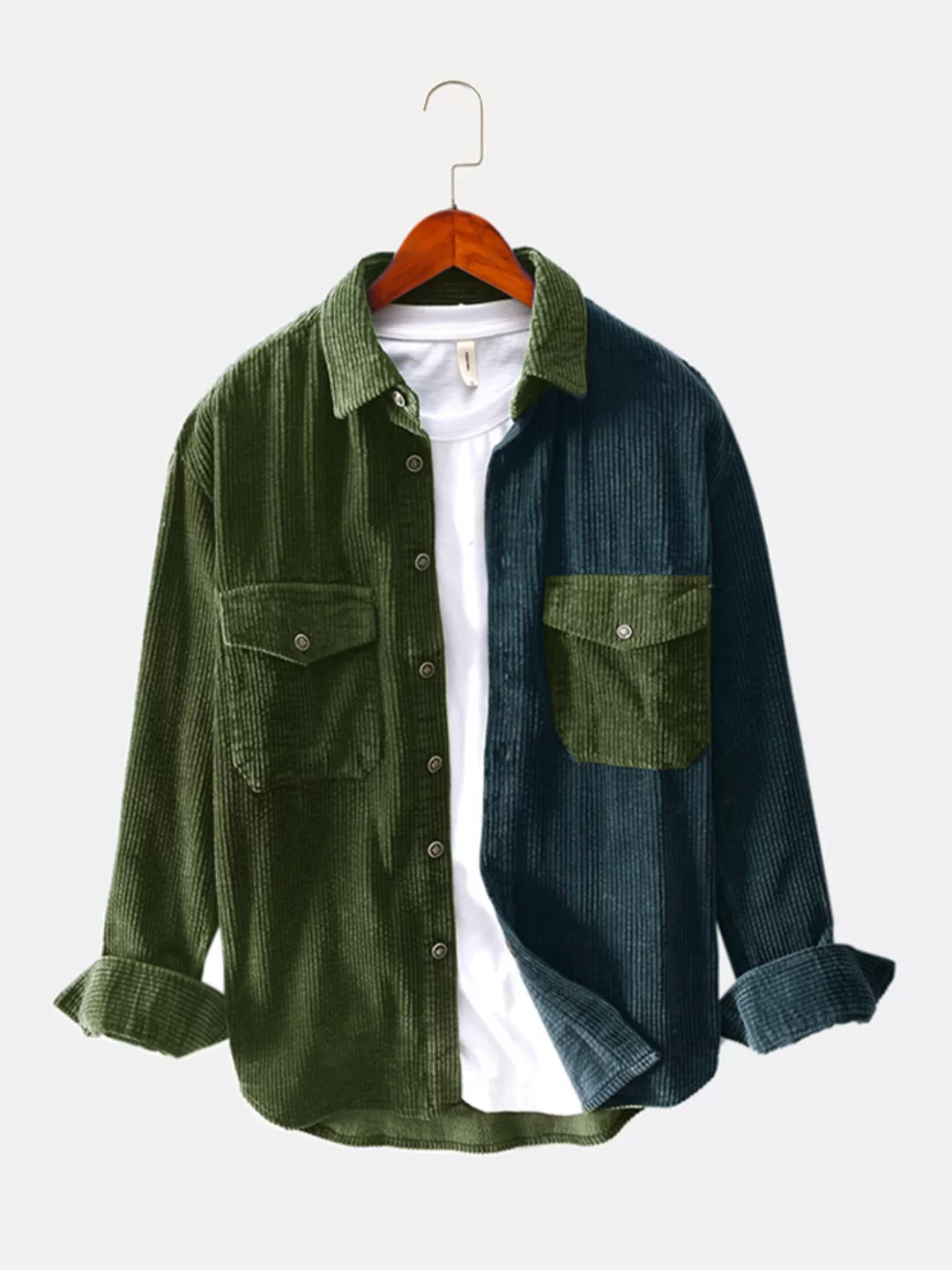 Herren Patchwork & Doppeltasche Casual Loose Langarmhemden günstig online kaufen