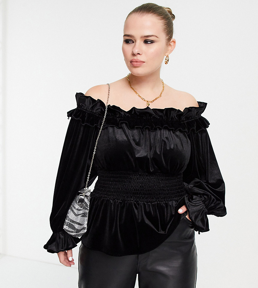 River Island Plus – Bluse aus Samt in Schwarz mit Bardotausschnitt und gera günstig online kaufen