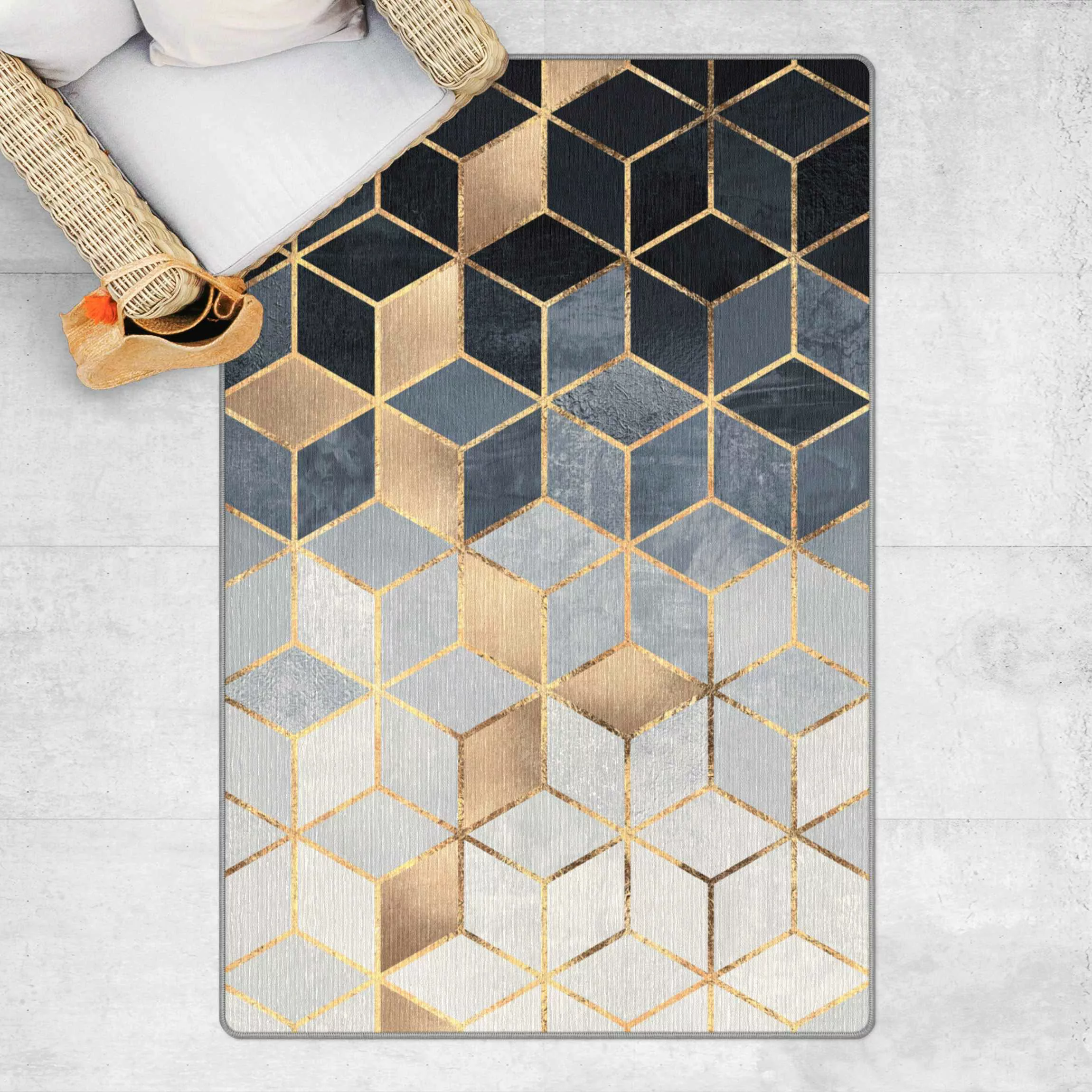 Teppich Blau Weiß goldene Geometrie günstig online kaufen