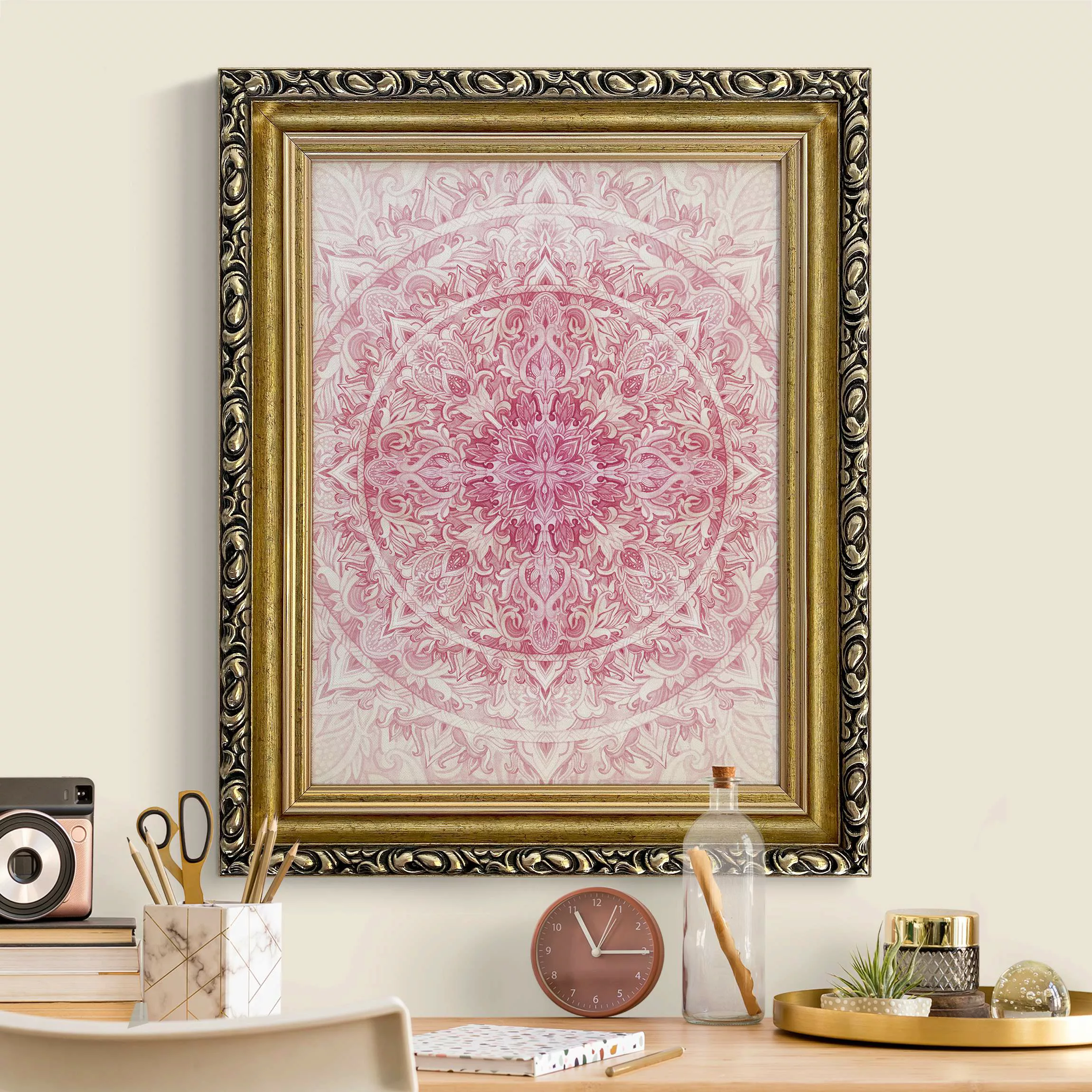 Gerahmtes Leinwandbild Mandala Aquarell Sonne Ornament rosa günstig online kaufen