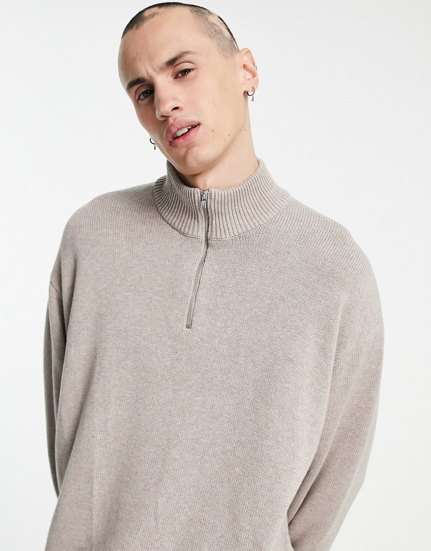 ASOS DESIGN – Mittelschwerer Oversize-Pullover in Stein mit kurzem Reißvers günstig online kaufen