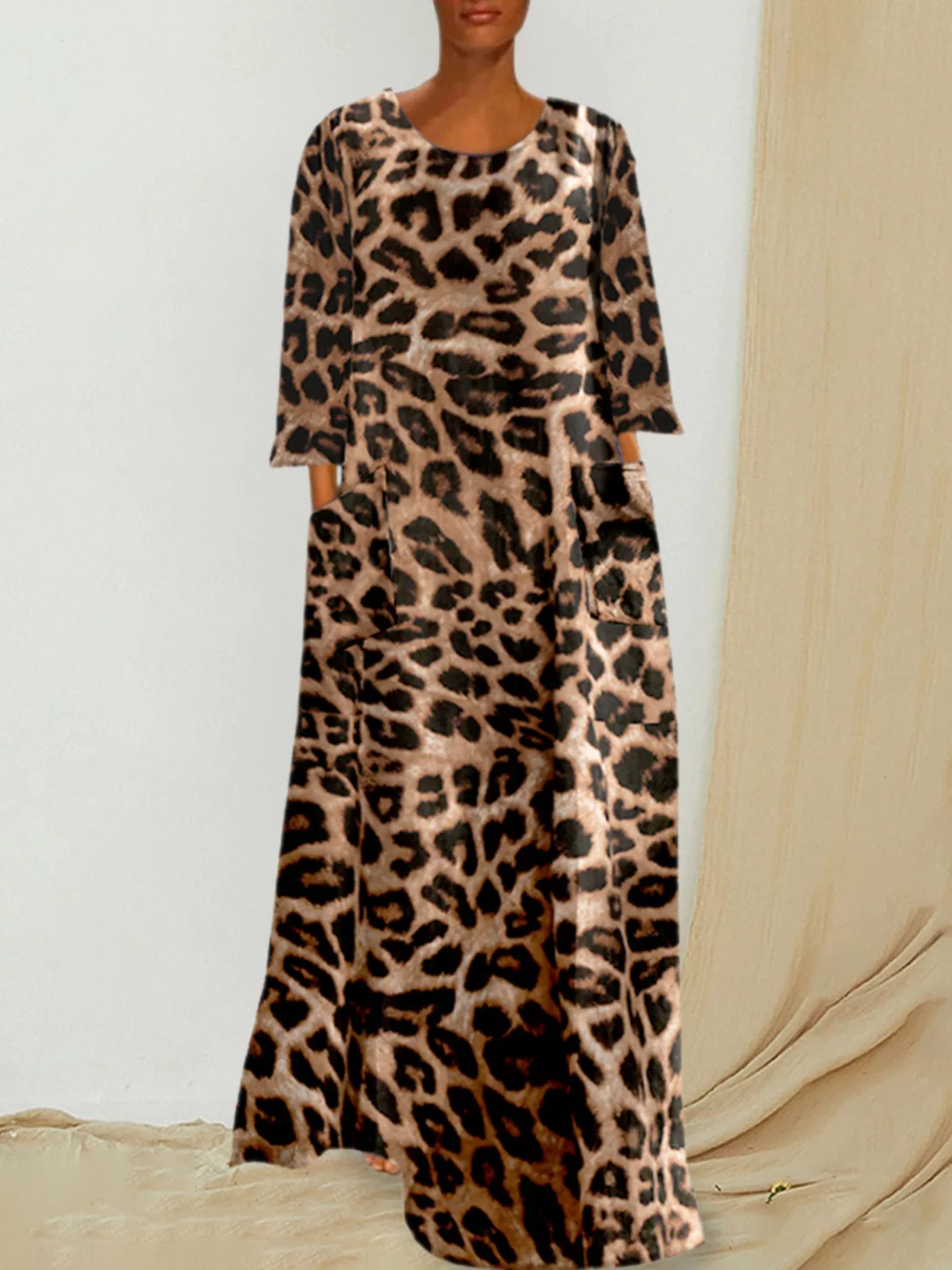 Vintage Taschen mit Leopardenmuster Langarm lose Kleid günstig online kaufen