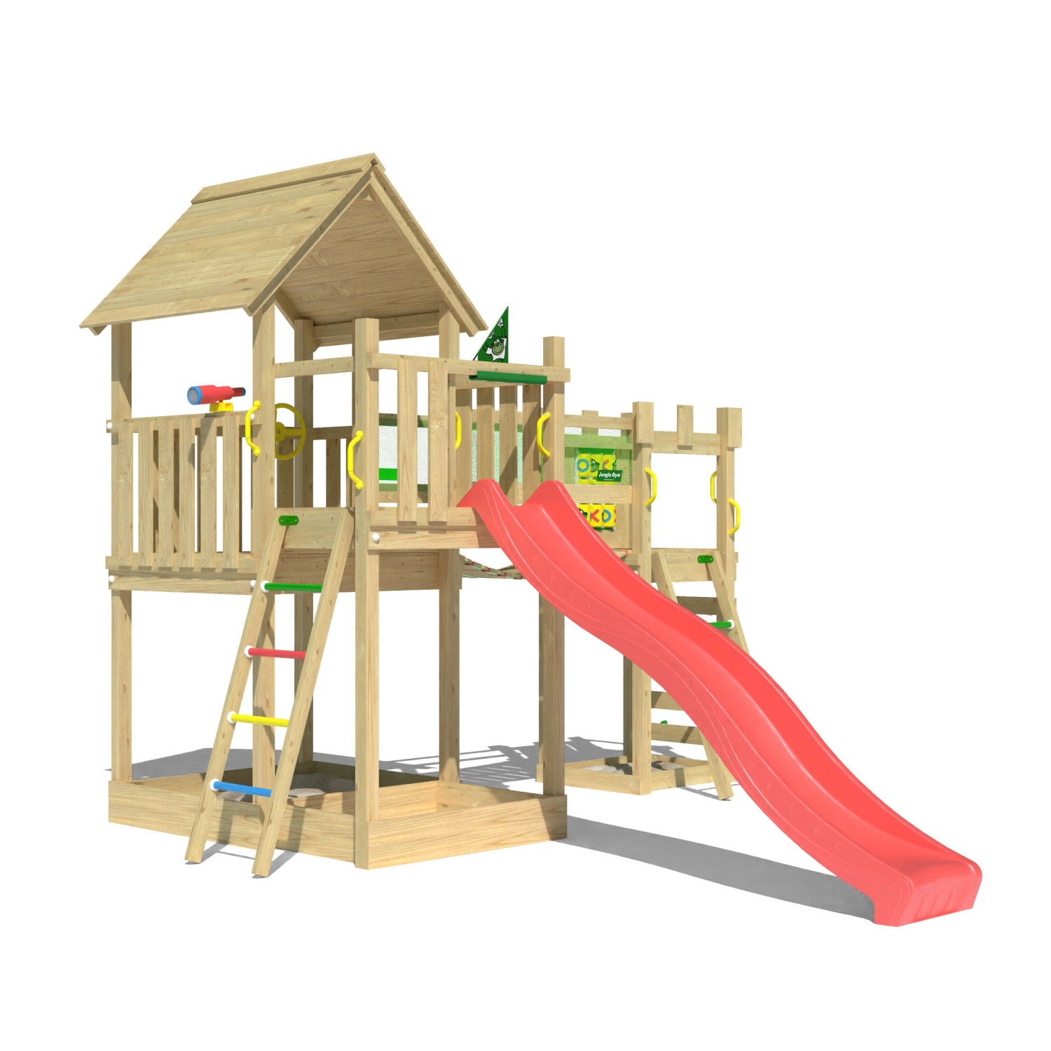 Jungle Gym Spielturm Lookout Holz Wackelbrücke Kletterrampe Rutsche Rot günstig online kaufen