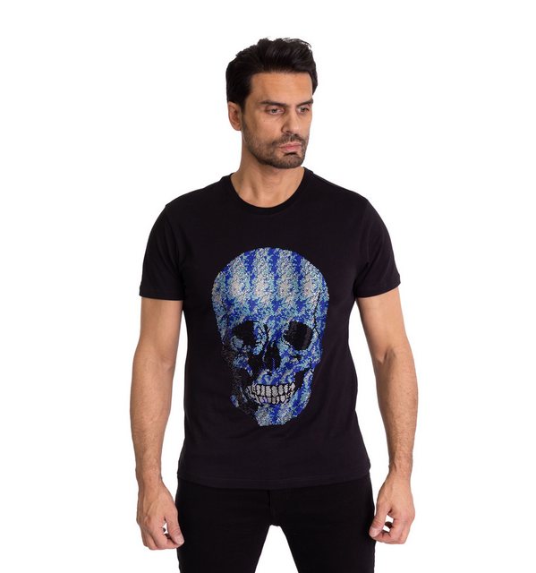 TRUENO T-Shirt Herren Bi-Colour Strass Totenkopf T-Shirt Schwarz L günstig online kaufen