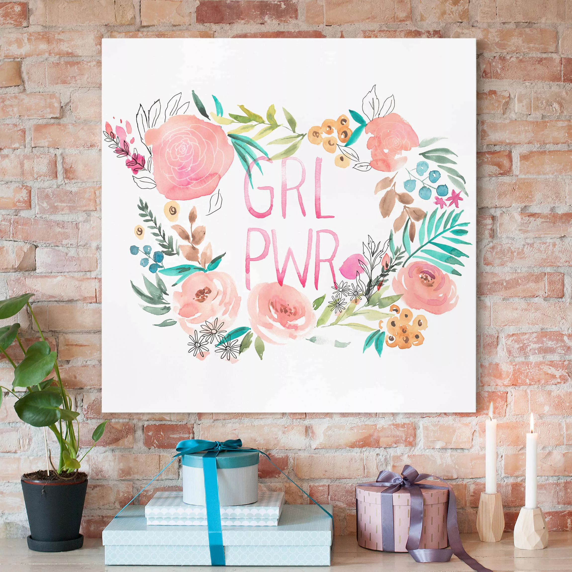 Leinwandbild Kinderzimmer - Quadrat Rosa Blüten - Girl Power günstig online kaufen