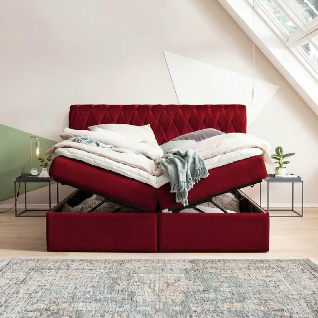 BettCo Stauraumbett Boxspringbett mit Bettkasten Lyon (in Rot Samt, 180 x 2 günstig online kaufen