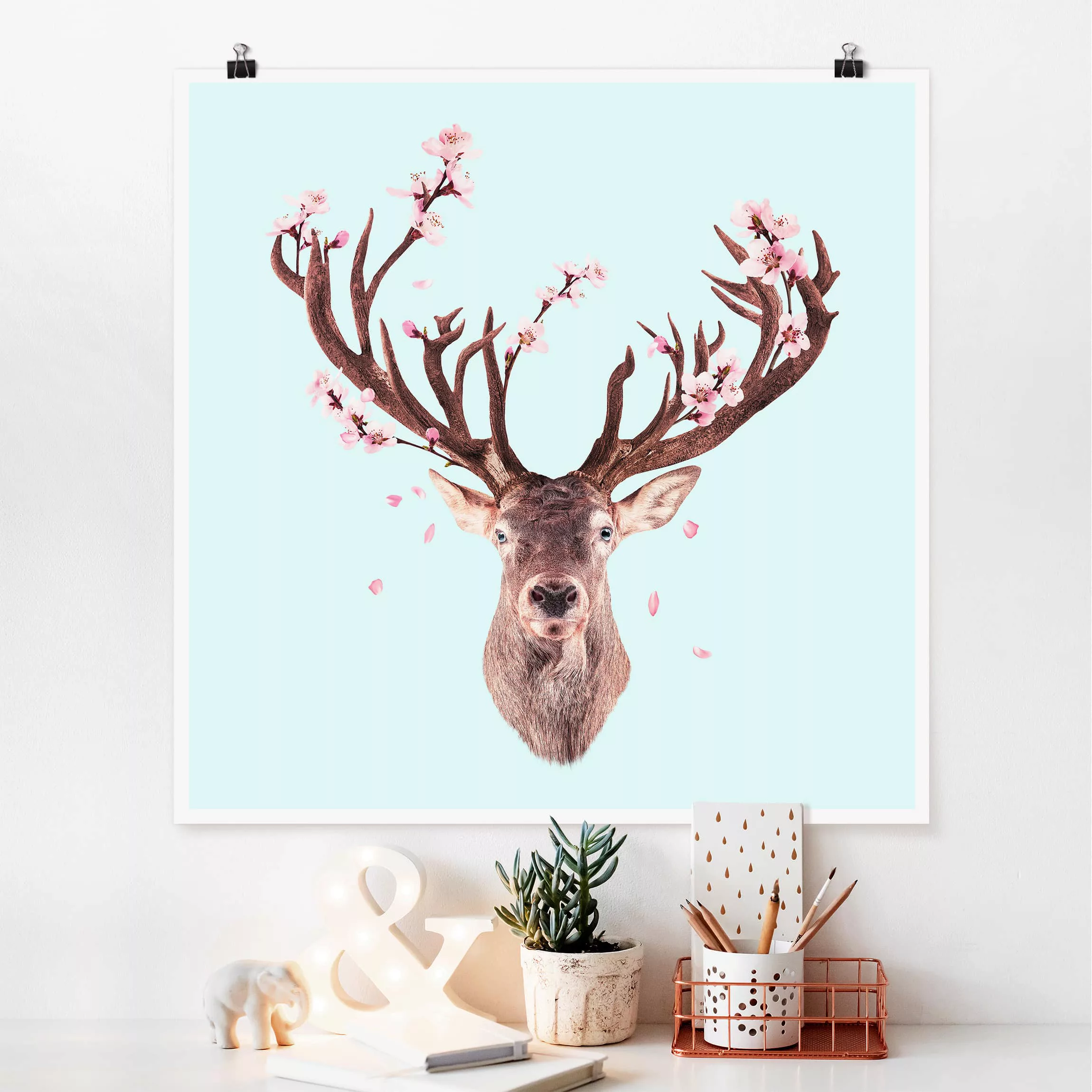 Poster Tiere - Quadrat Hirsch mit Kirschblüten günstig online kaufen