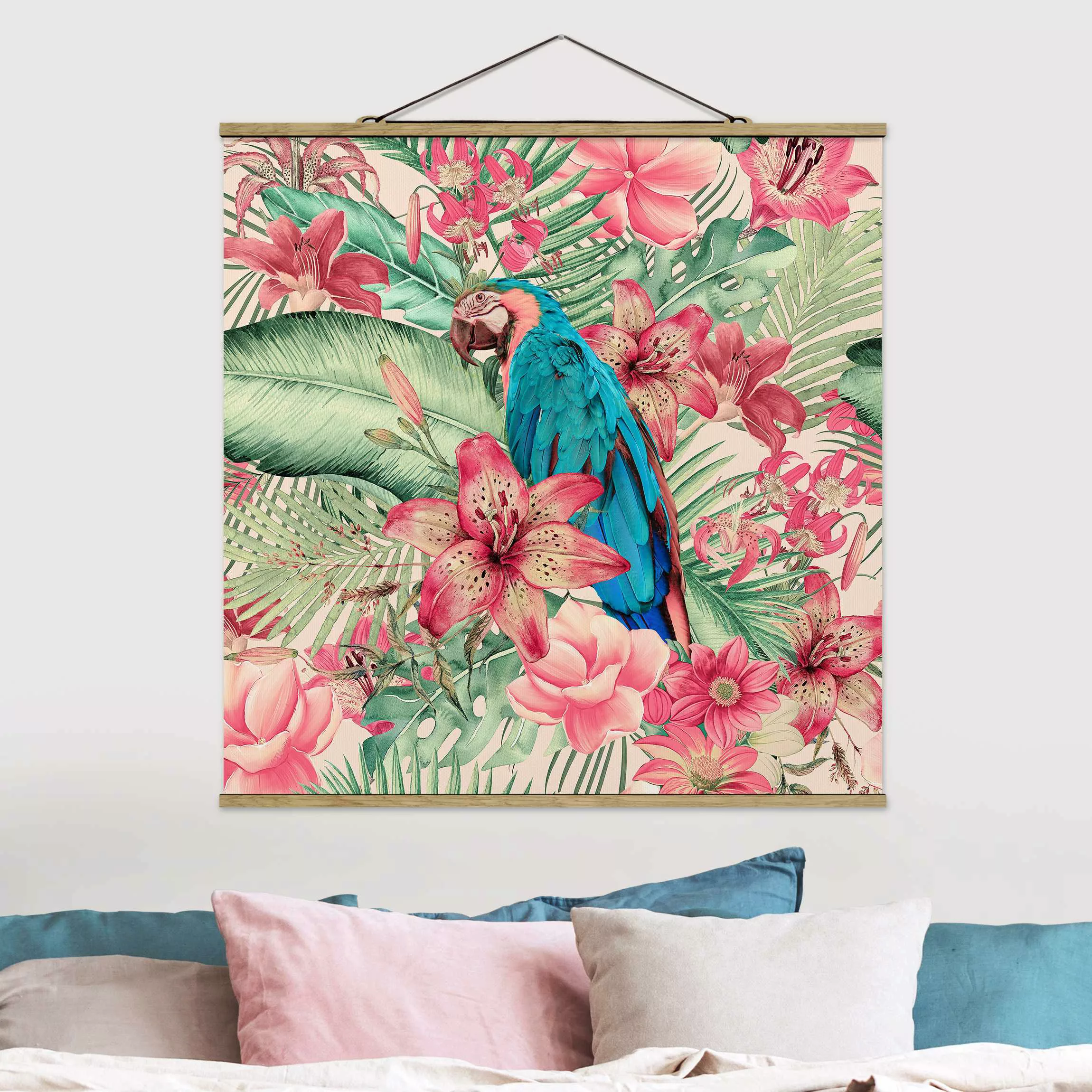Stoffbild mit Posterleisten Blumenparadies tropischer Papagei günstig online kaufen