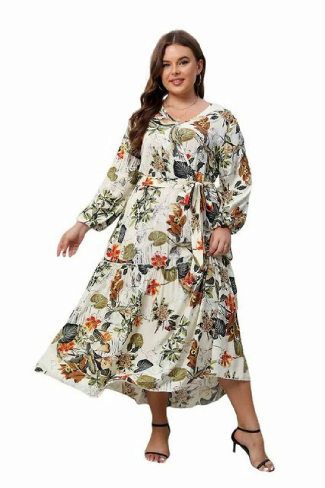 AUKUU Sommerkleid Frühling-Herbst Maxikleid, Chiffon-Druck, Langarm, V-Auss günstig online kaufen