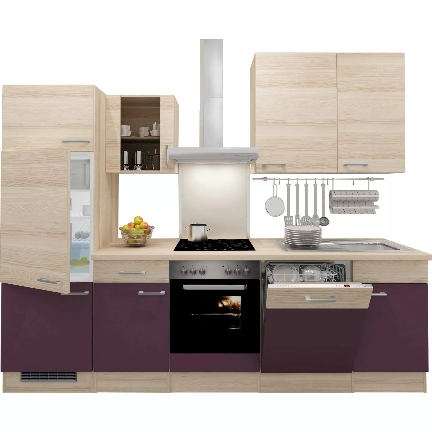 Flex-Well Exclusiv Küchenzeile Focus 280 cm Akazie Nachbildung Aubergine günstig online kaufen