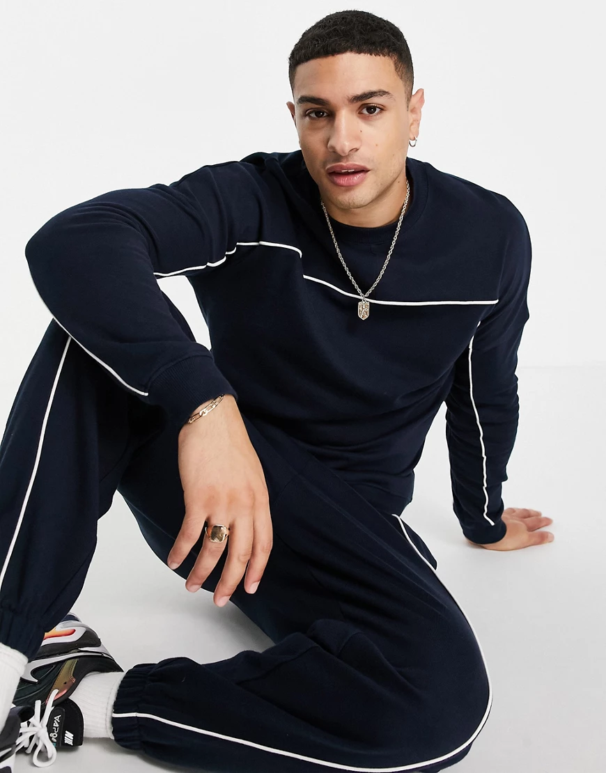 ASOS DESIGN – Oversize-Sweatshirt in Marineblau mit Paspelierung, Kombiteil günstig online kaufen