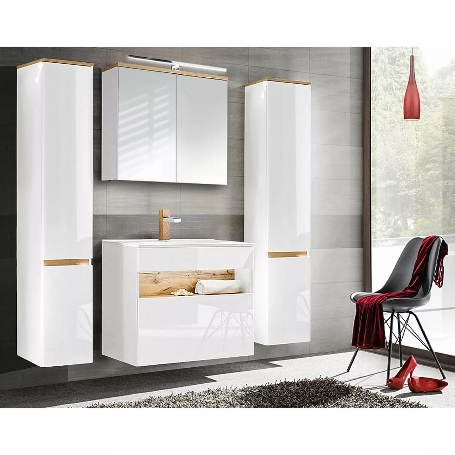 Badmöbel Set mit Keramik-Waschbecken inkl LED BERMUDA-56 in Weiß-Hochglanz günstig online kaufen