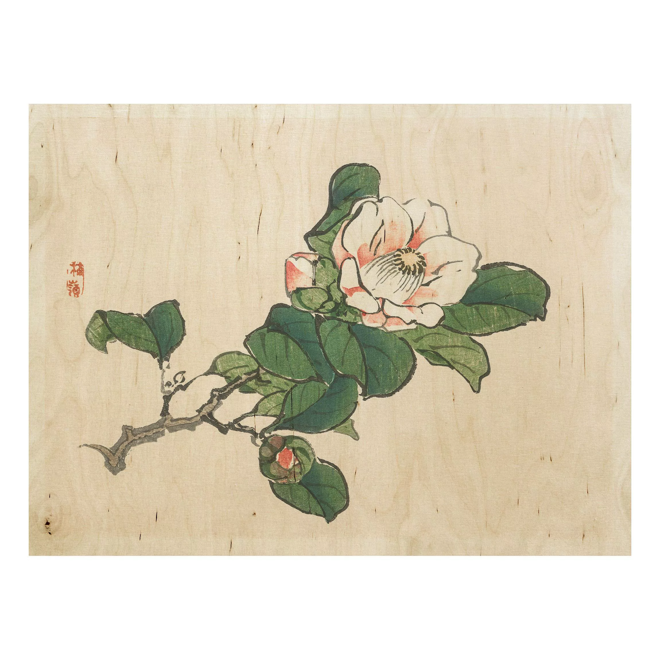 Holzbild Blumen - Querformat 4:3 Asiatische Vintage Zeichnung Apfelblüte günstig online kaufen