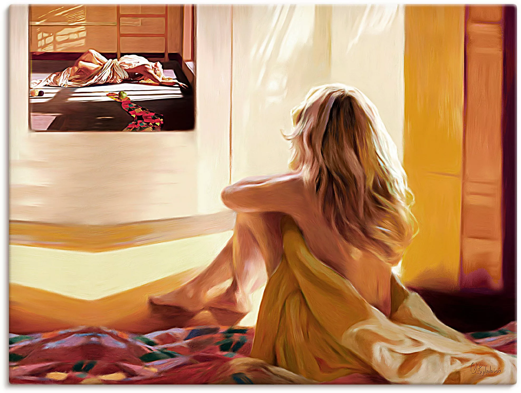 Artland Wandbild "Blondes Mädchen sitzt auf dem Bett", Bilder von Frauen, ( günstig online kaufen