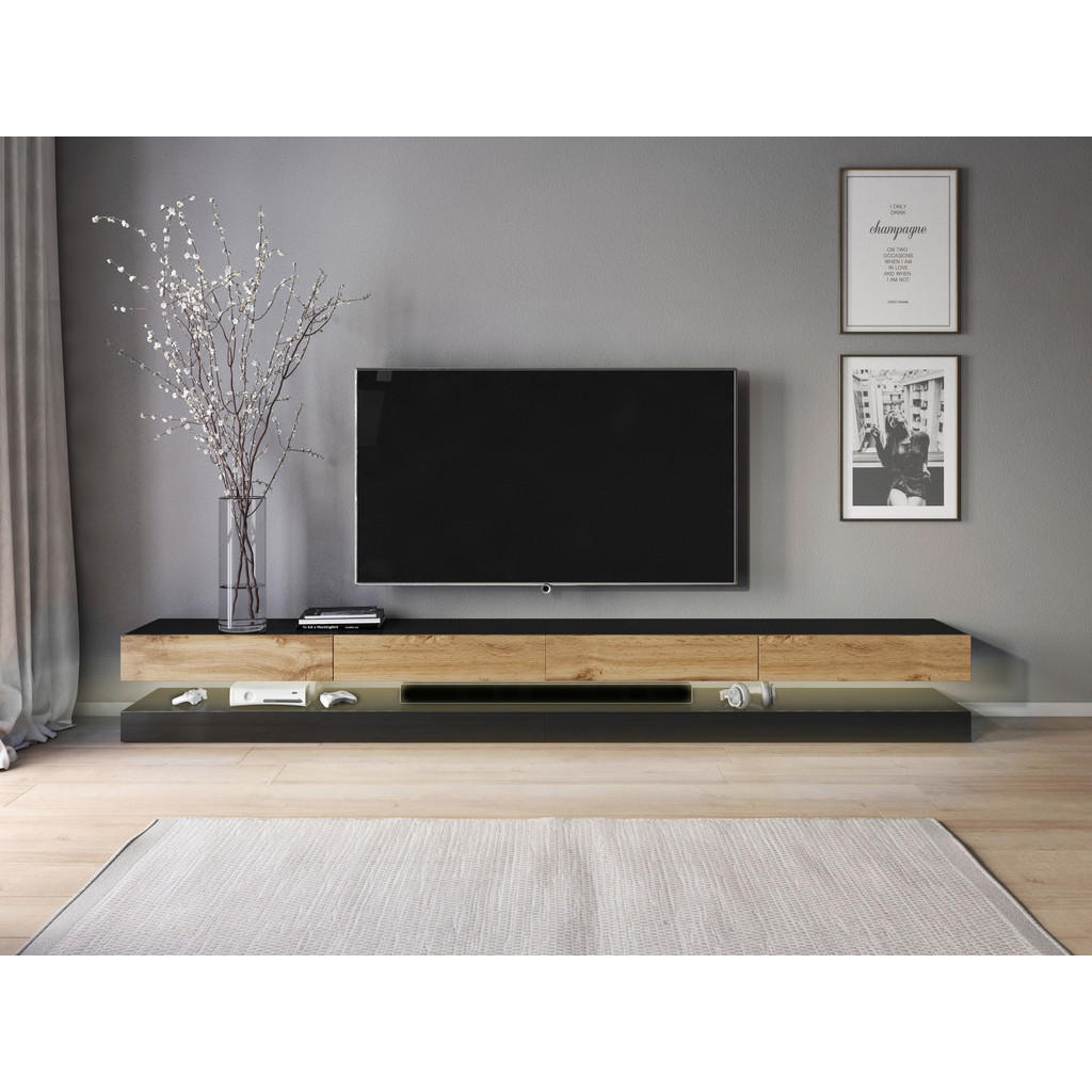 TV-Board Fly schwarz matt Eiche Wotan Nachbildung B/T: ca. 280x34 cm günstig online kaufen