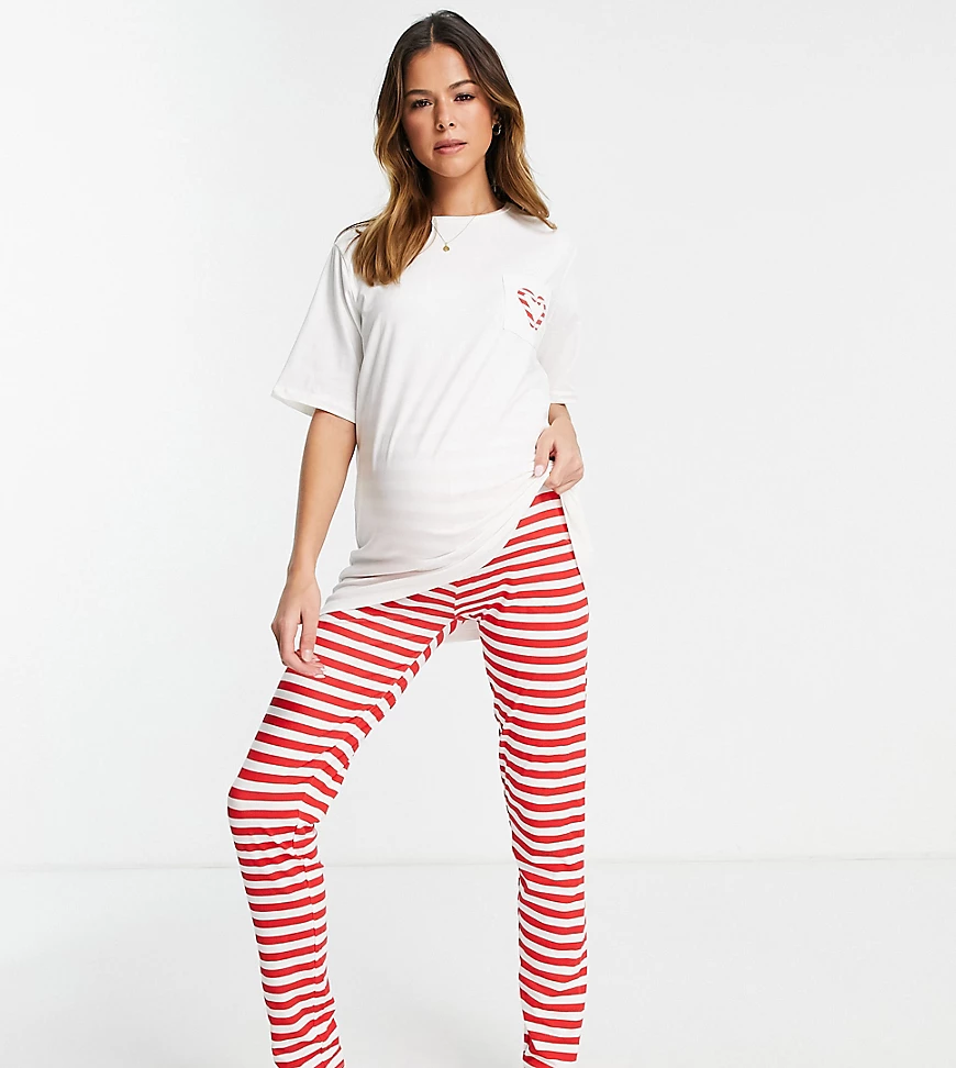 Pieces Maternity – Weihnachtlicher Pyjama in Rot und Weiß gestreift-Bunt günstig online kaufen