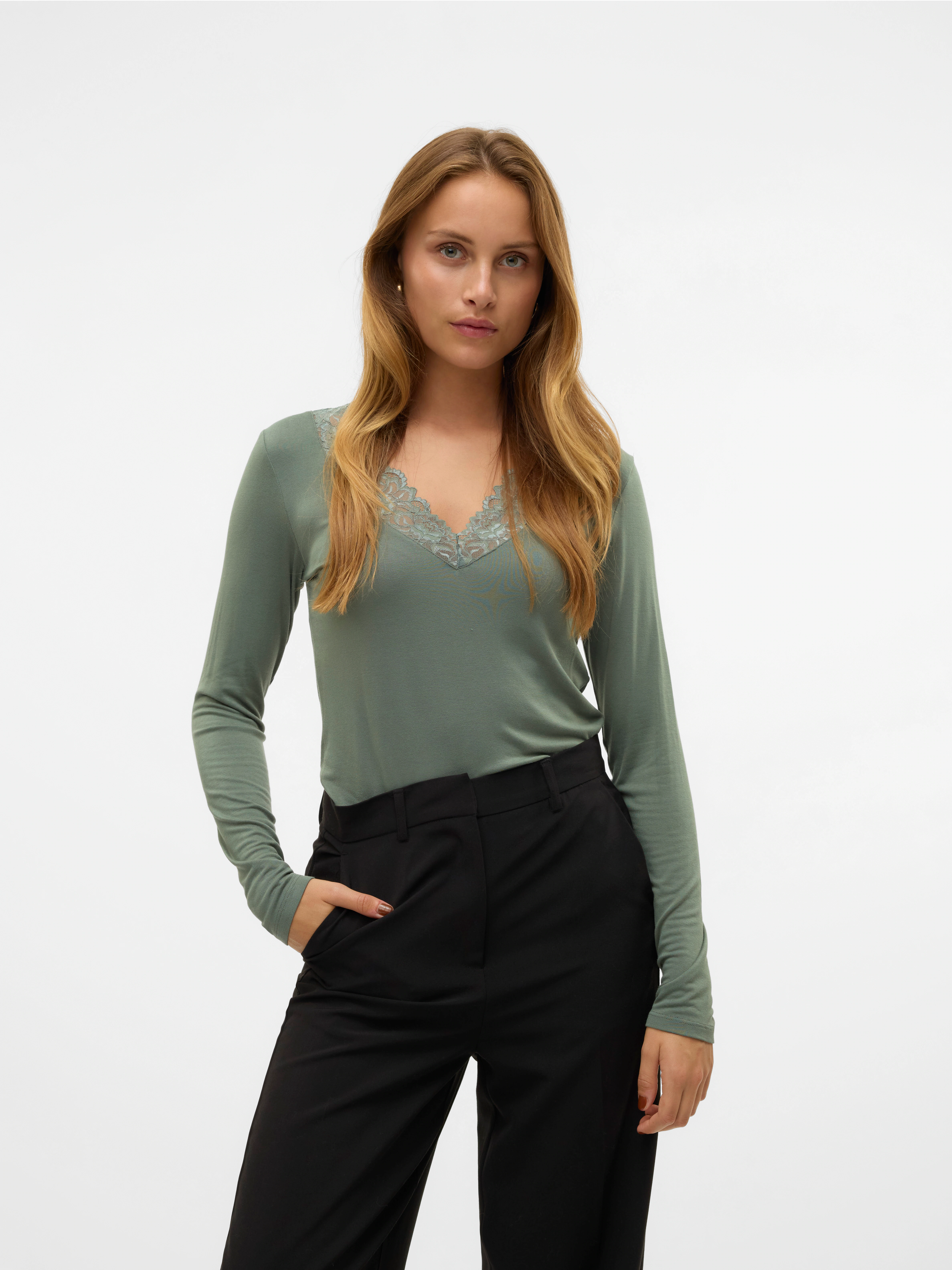 Vero Moda V-Shirt "VMROSA LS V-NECK LACE TOP GA JRS NOOS" günstig online kaufen