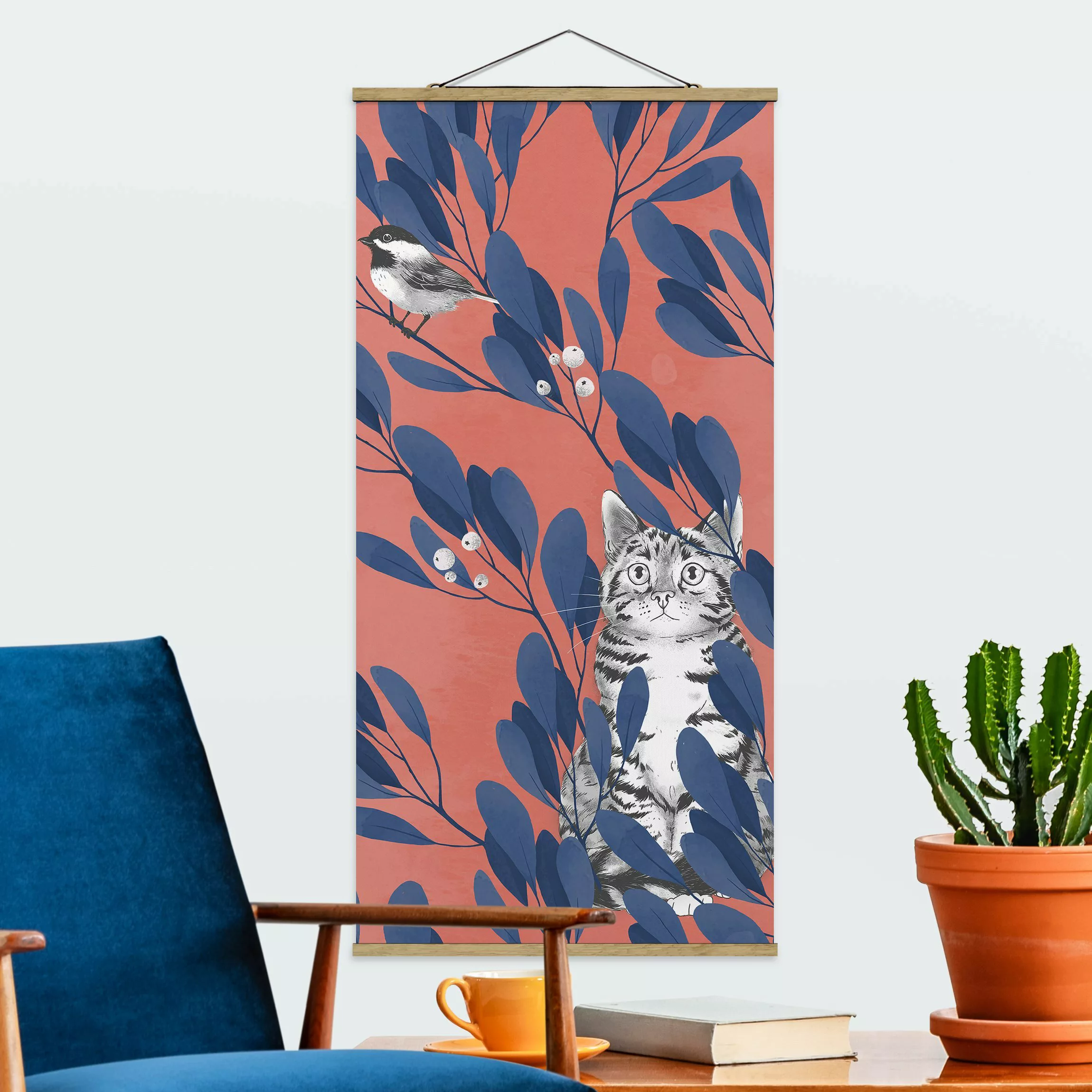 Stoffbild Tiere mit Posterleisten - Hochformat Illustration Katze und Vogel günstig online kaufen