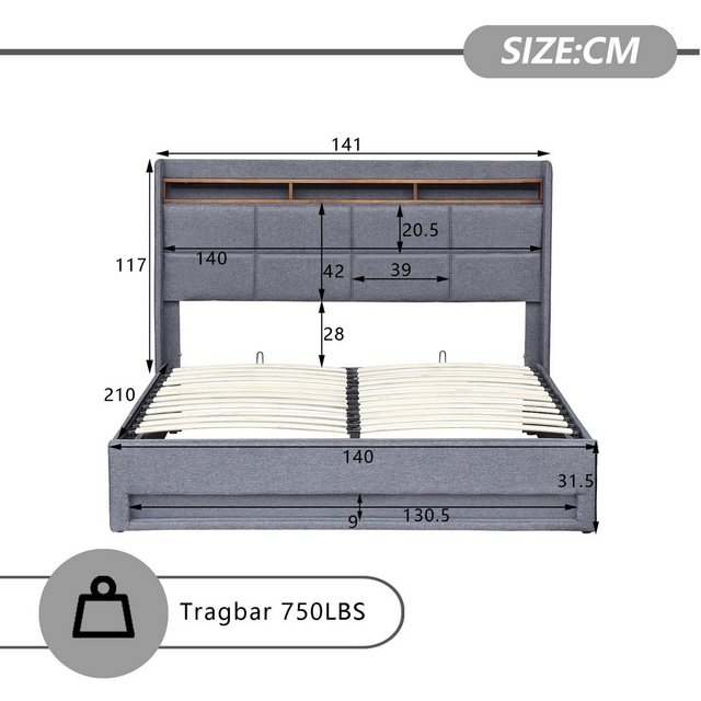 Furnishings Home Polsterbett hydraulisches Doppelbett + Stauraum & LED-Lich günstig online kaufen