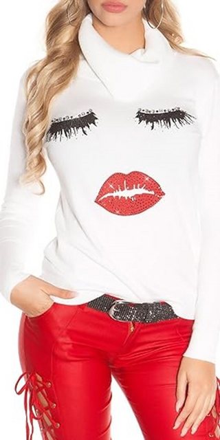 Koucla Rollkragenpullover Feinstrick Pullover mit beauty Strass Face Print günstig online kaufen