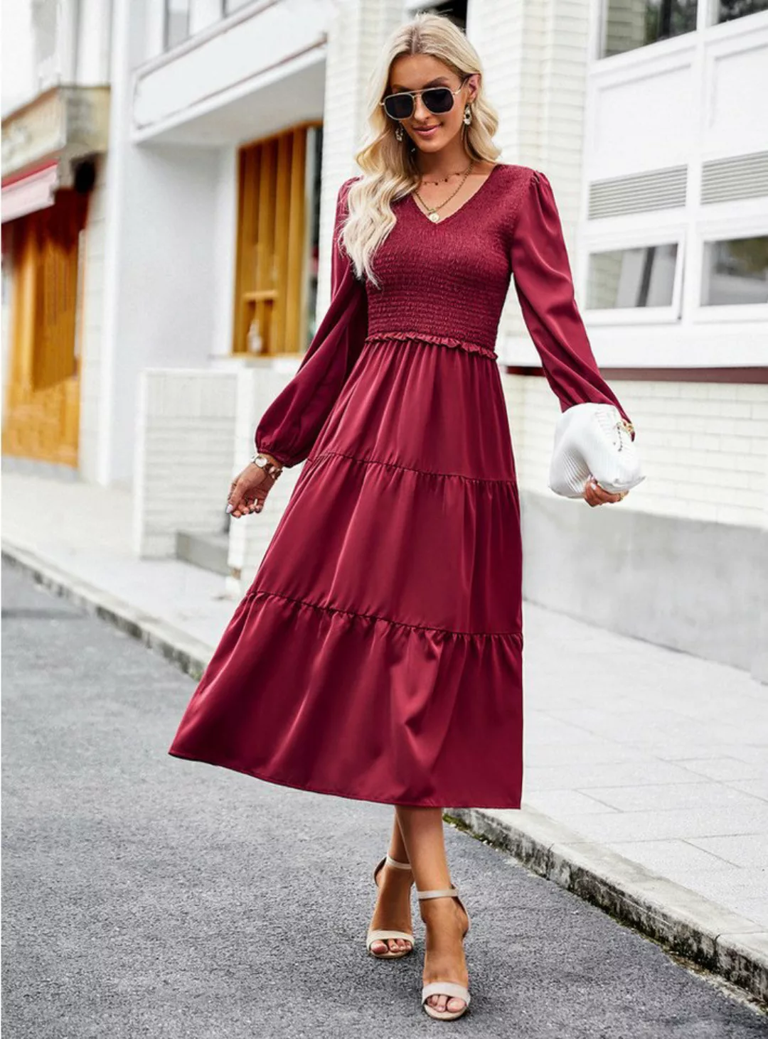 DEBAIJIA Dirndl Langärmeliges Kleid Damen Einfarbig V-Ausschnitt Elegant Fr günstig online kaufen