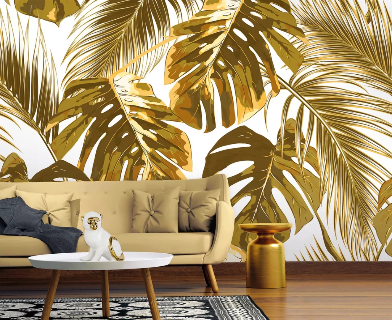 Fototapete Palmen Blätter Gelb Weiß 3,50 m x 2,55 m FSC® günstig online kaufen