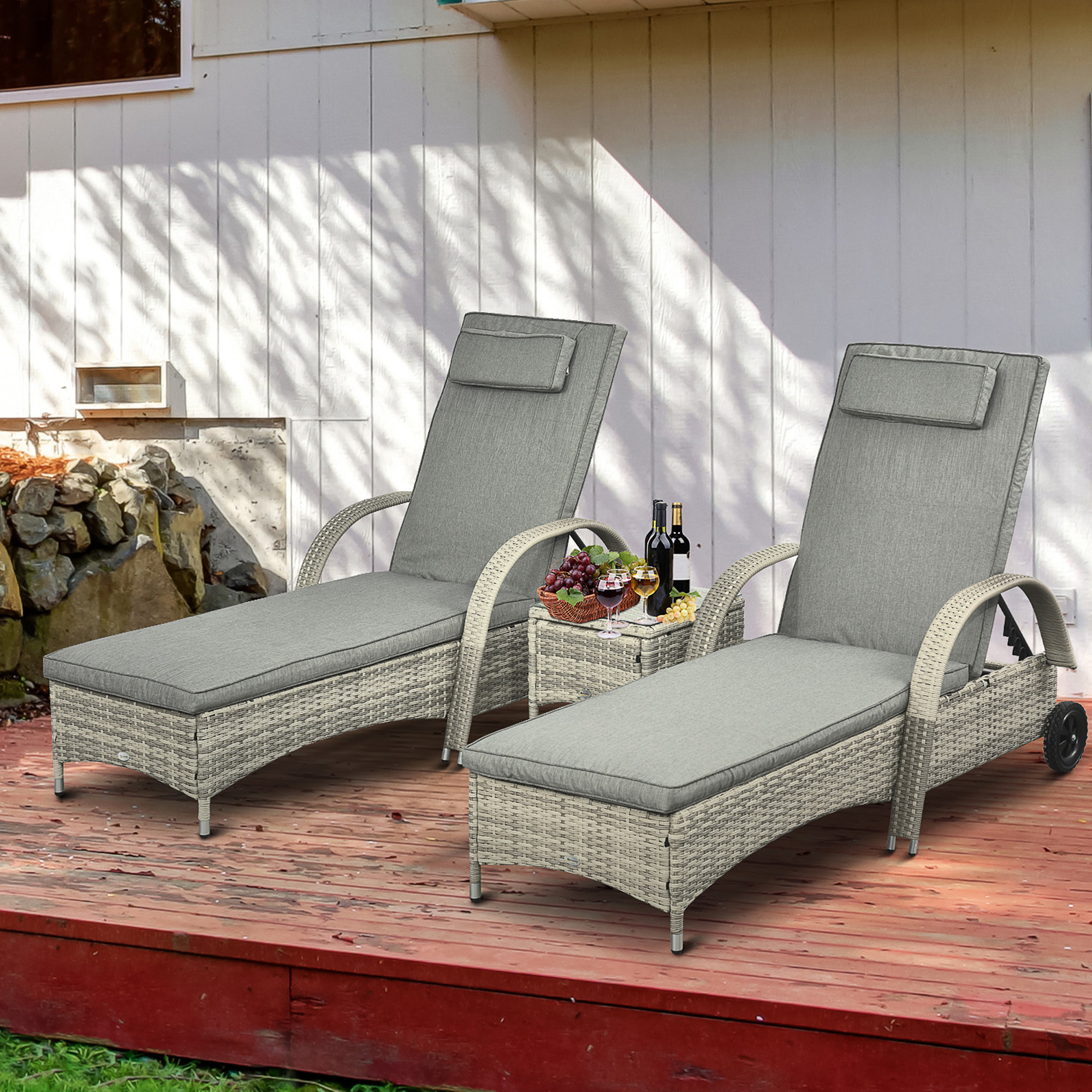 Outsunny Sonnenliege mit Tisch 3er-Set Gartenmöbel Polyrattan Metall Garten günstig online kaufen