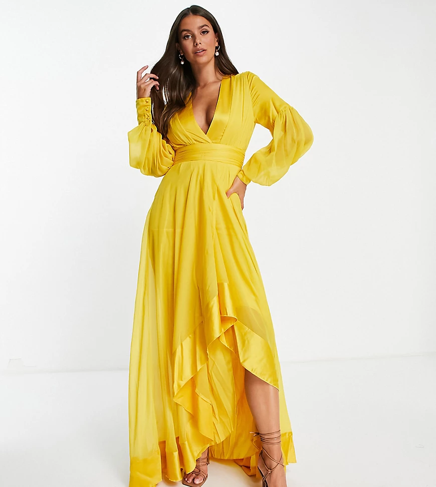 ASOS DESIGN Tall – Maxikleid in Gelb mit Satineinsätzen und Bindegürtel-Meh günstig online kaufen