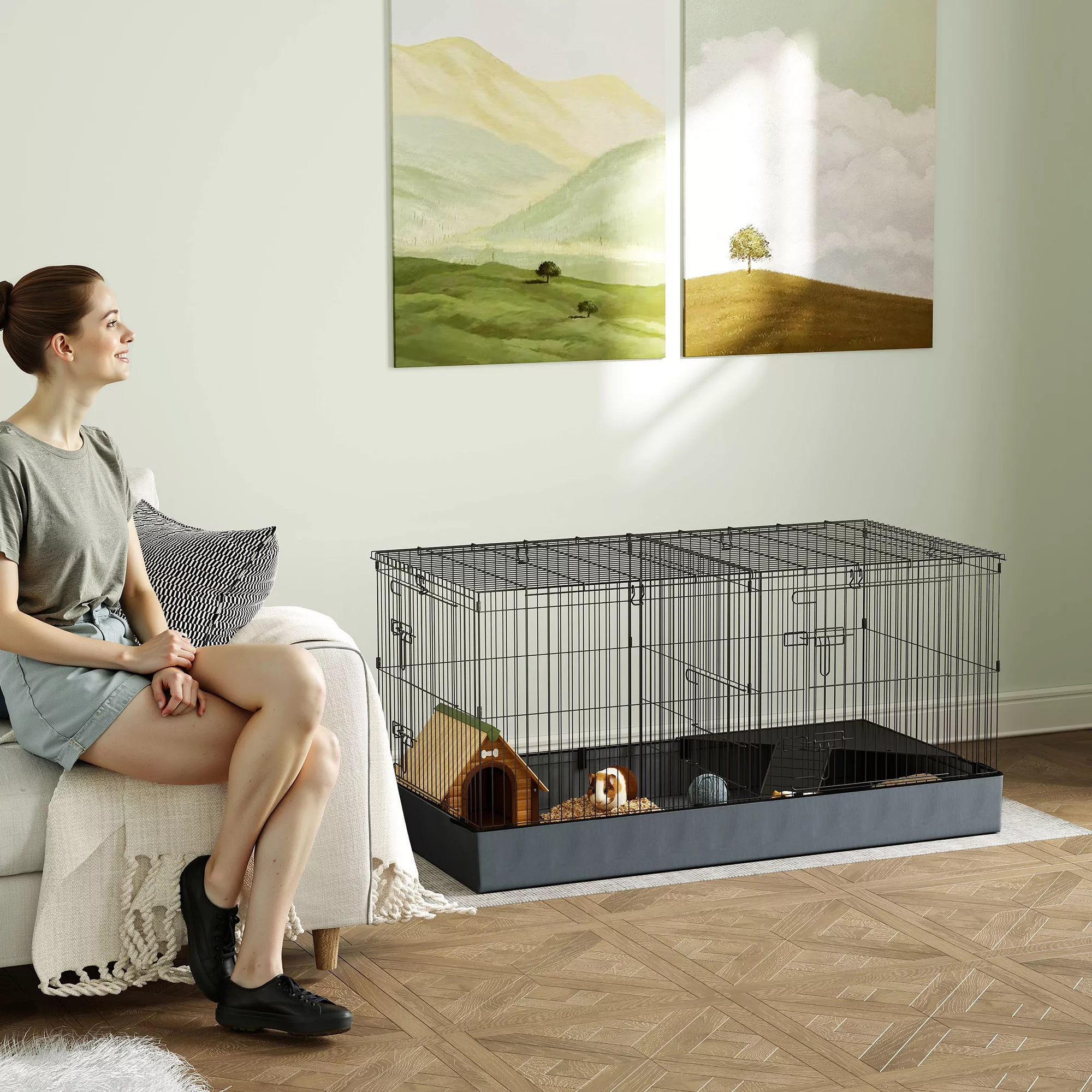 PawHut Kleintierkäfig, Kleintierstall mit Rampe, Trennwand, Nagerkäfig mit günstig online kaufen