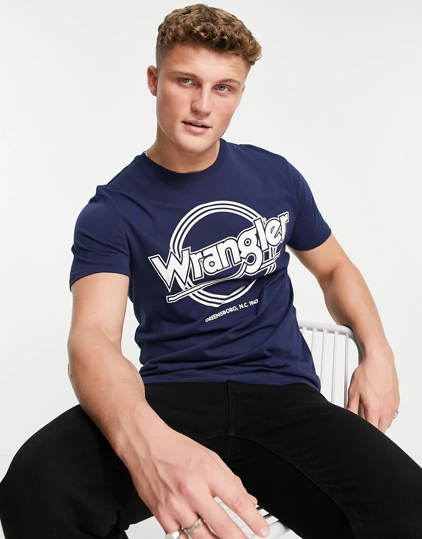Wrangler – T-Shirt mit rundem Logo-Marineblau günstig online kaufen