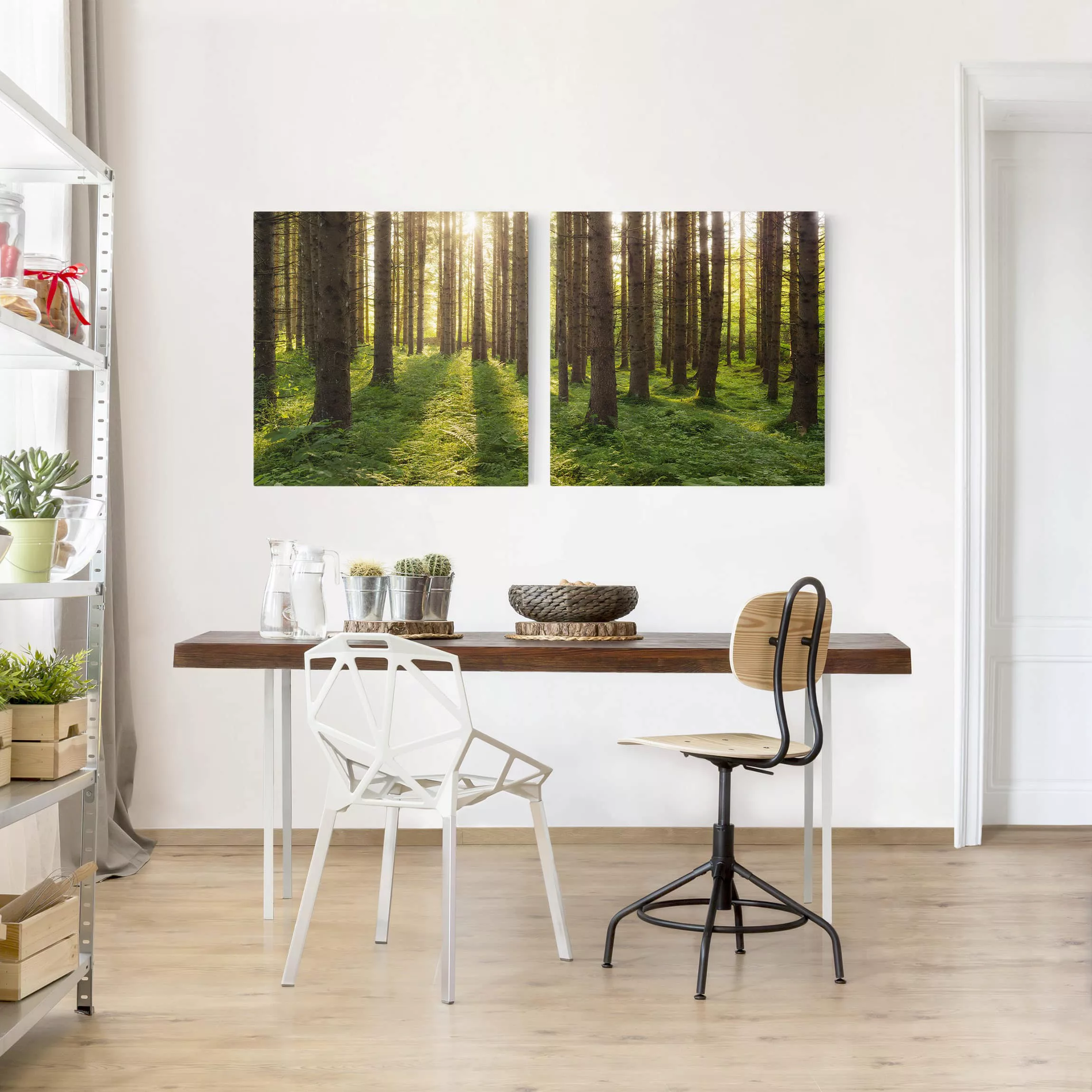 2-teiliges Leinwandbild Wald Sonnenstrahlen in grünem Wald günstig online kaufen