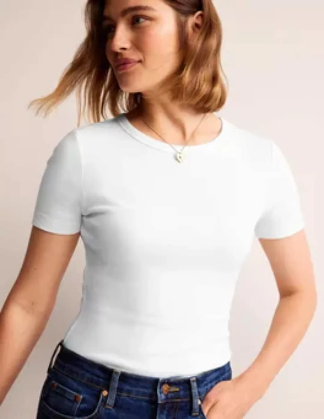 Geripptes T-Shirt mit Rundhalsausschnitt Damen Boden, Weiß günstig online kaufen