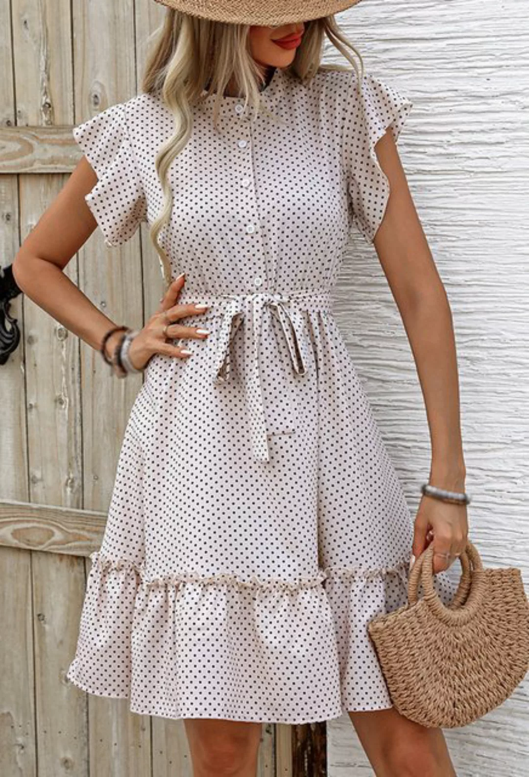 CHENIN Volantkleid Damenkleid mit Polka Dot-Print, Schmetterlingsärmeln und günstig online kaufen