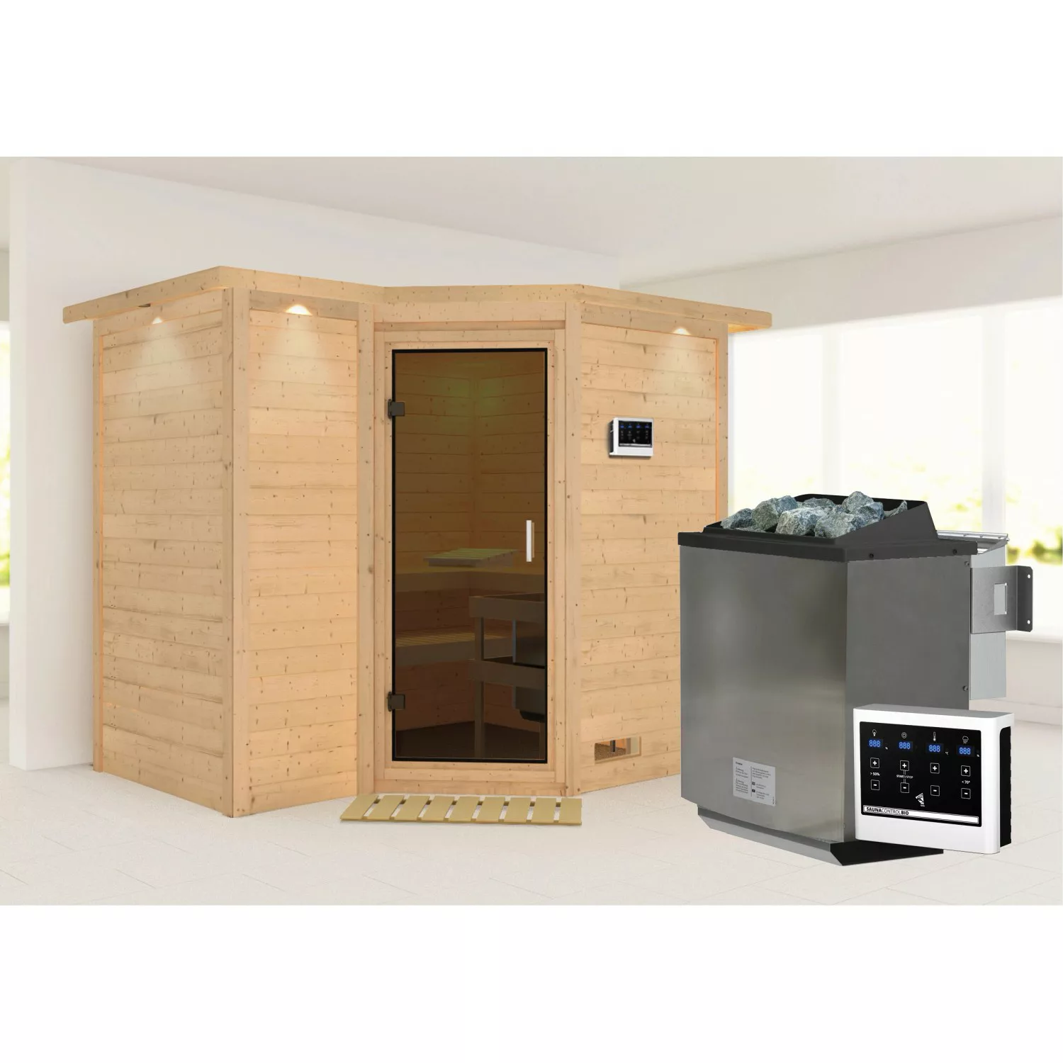 Karibu Sauna Steena 2 mit Bio-Ofen externe Stg.LED-Dachkranz Gr Natur günstig online kaufen