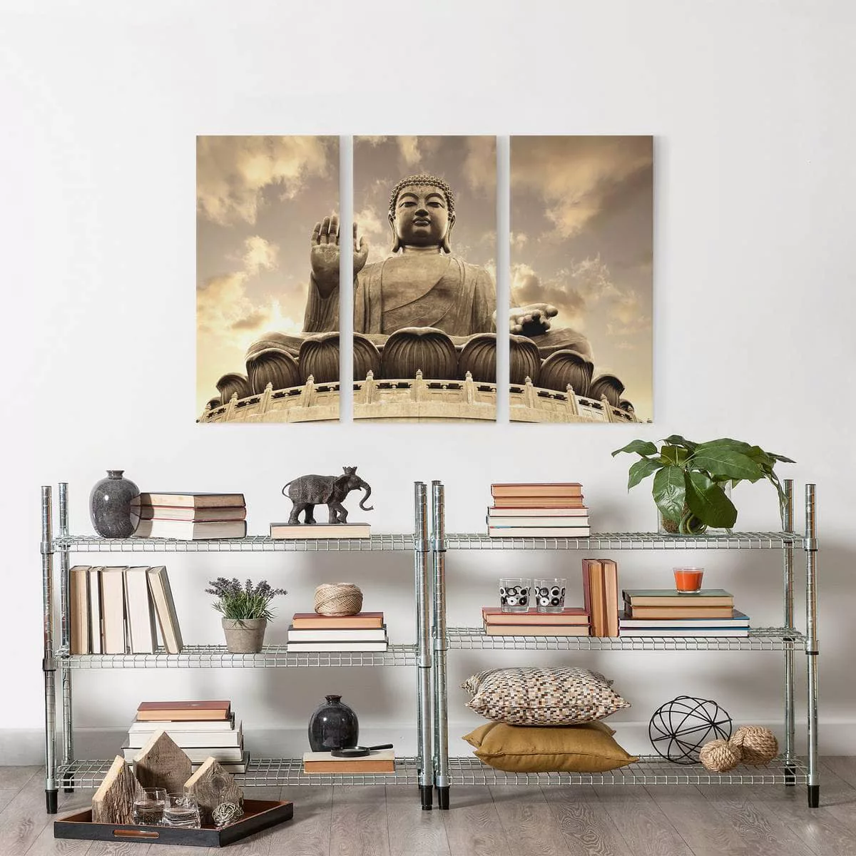 3-teiliges Leinwandbild Buddha - Querformat Großer Buddha sepia günstig online kaufen