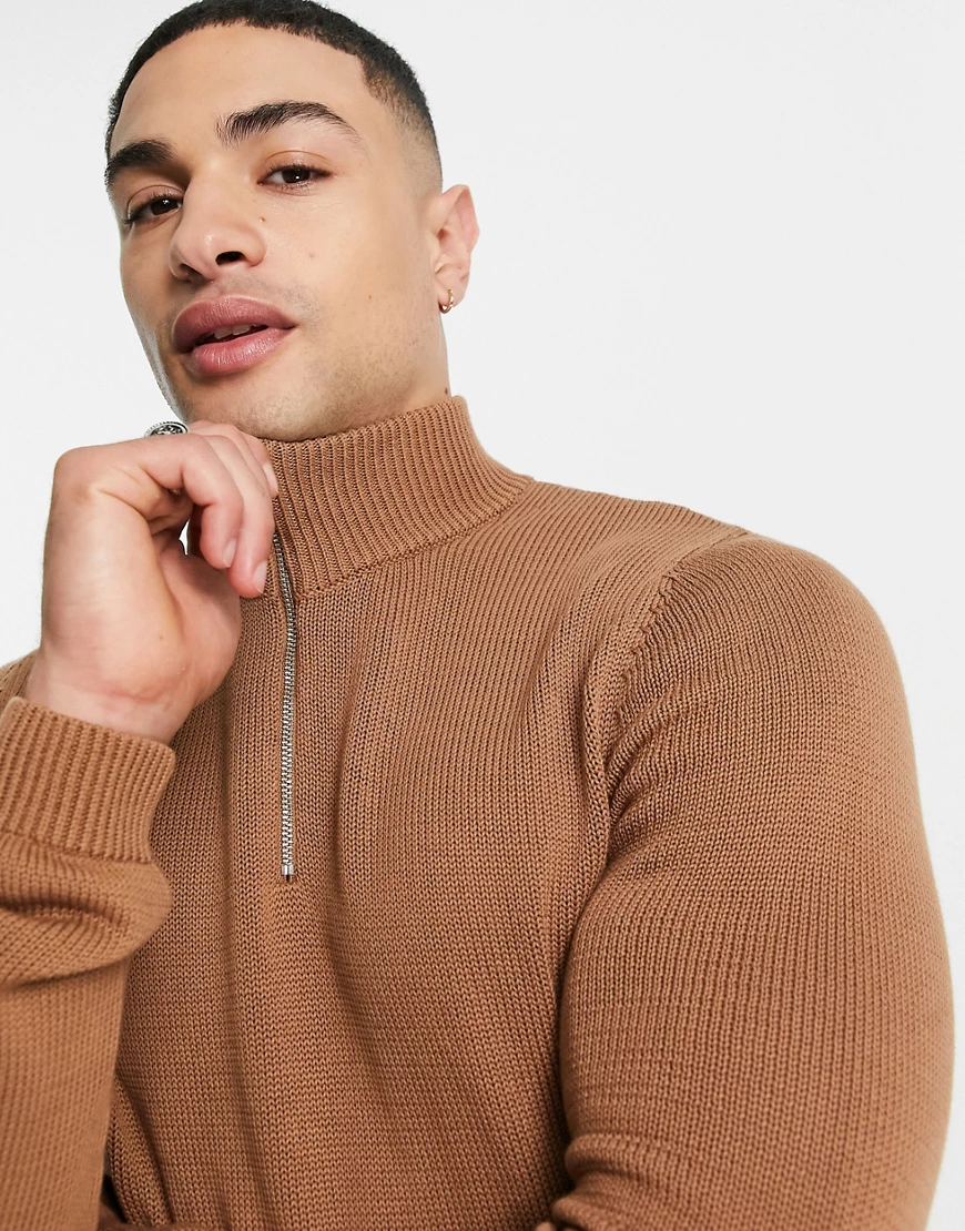 ASOS DESIGN – Pullover aus Baumwolle in Braun mit kurzem Reißverschluss günstig online kaufen