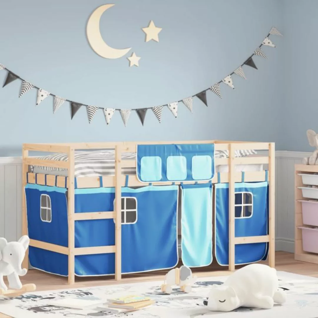 vidaXL Kinderbett Kinderhochbett mit Vorhängen Blau 90x190 cm Massivholz Ki günstig online kaufen